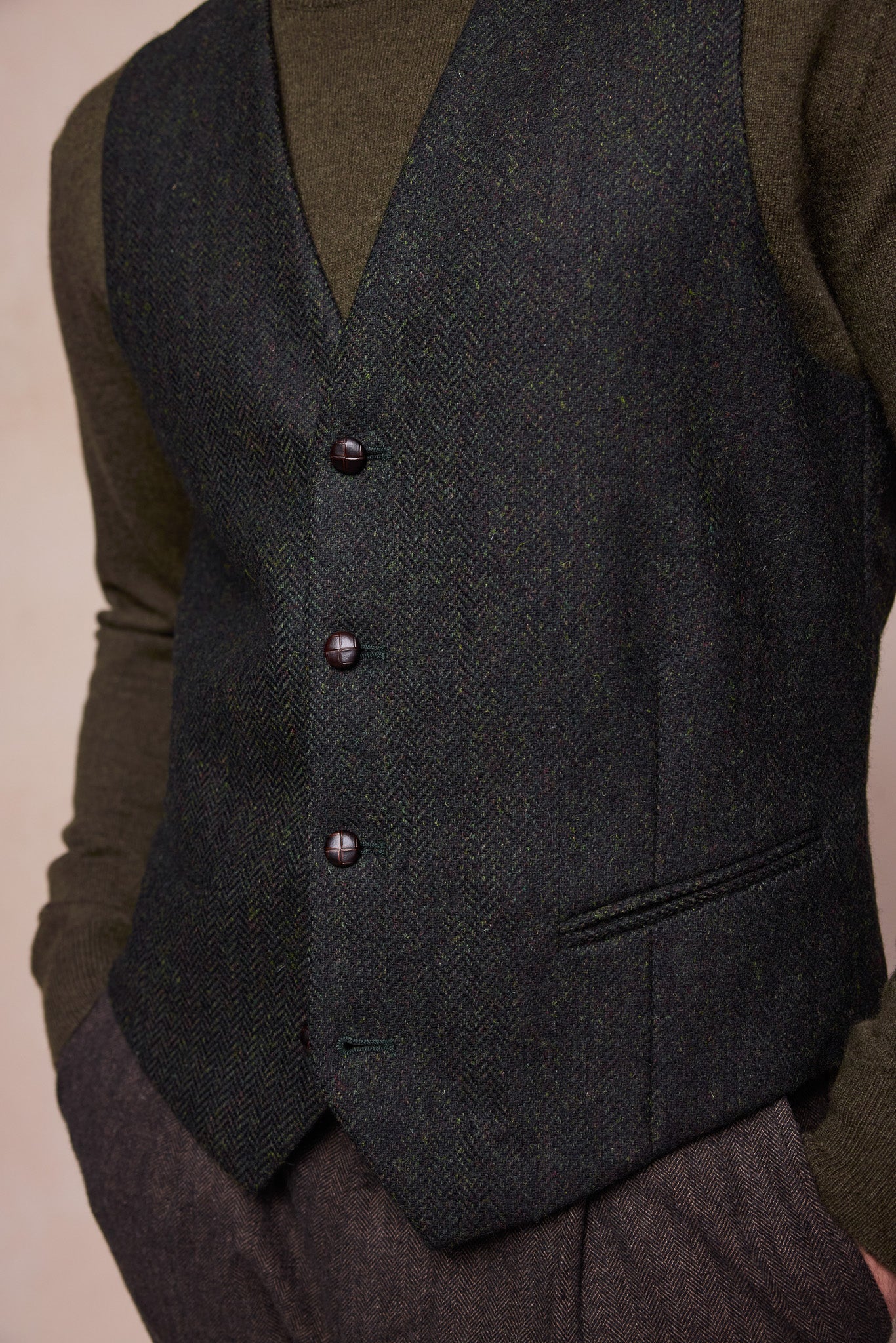 Dara Tweed Waistcoat - Green Herringbone