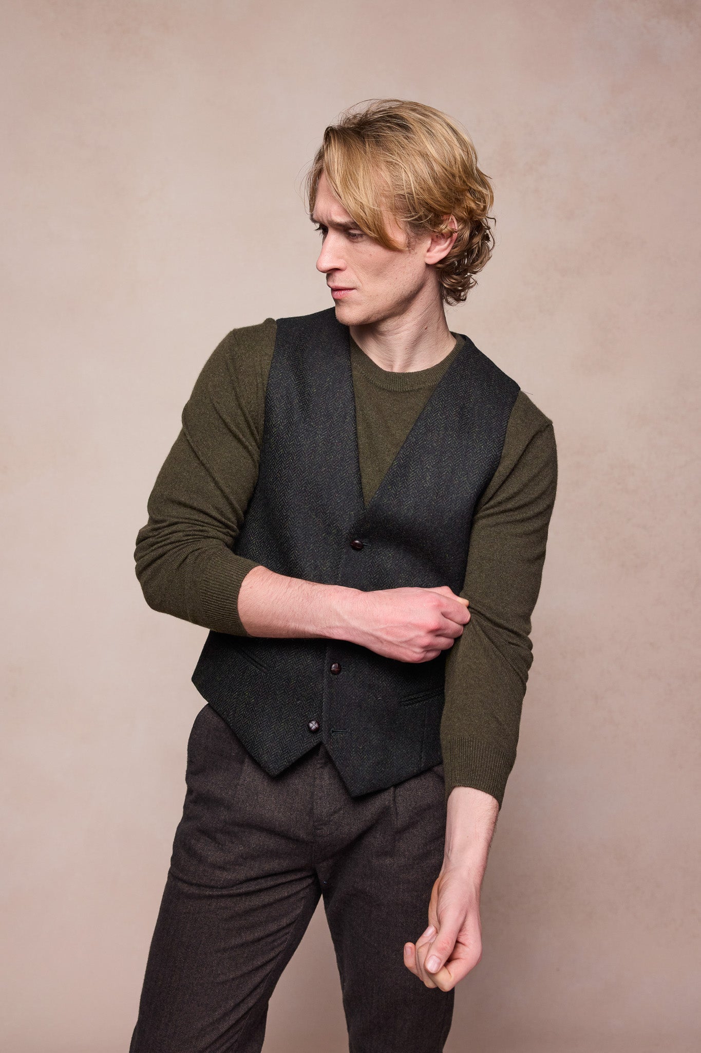 Dara Tweed Waistcoat - Green Herringbone
