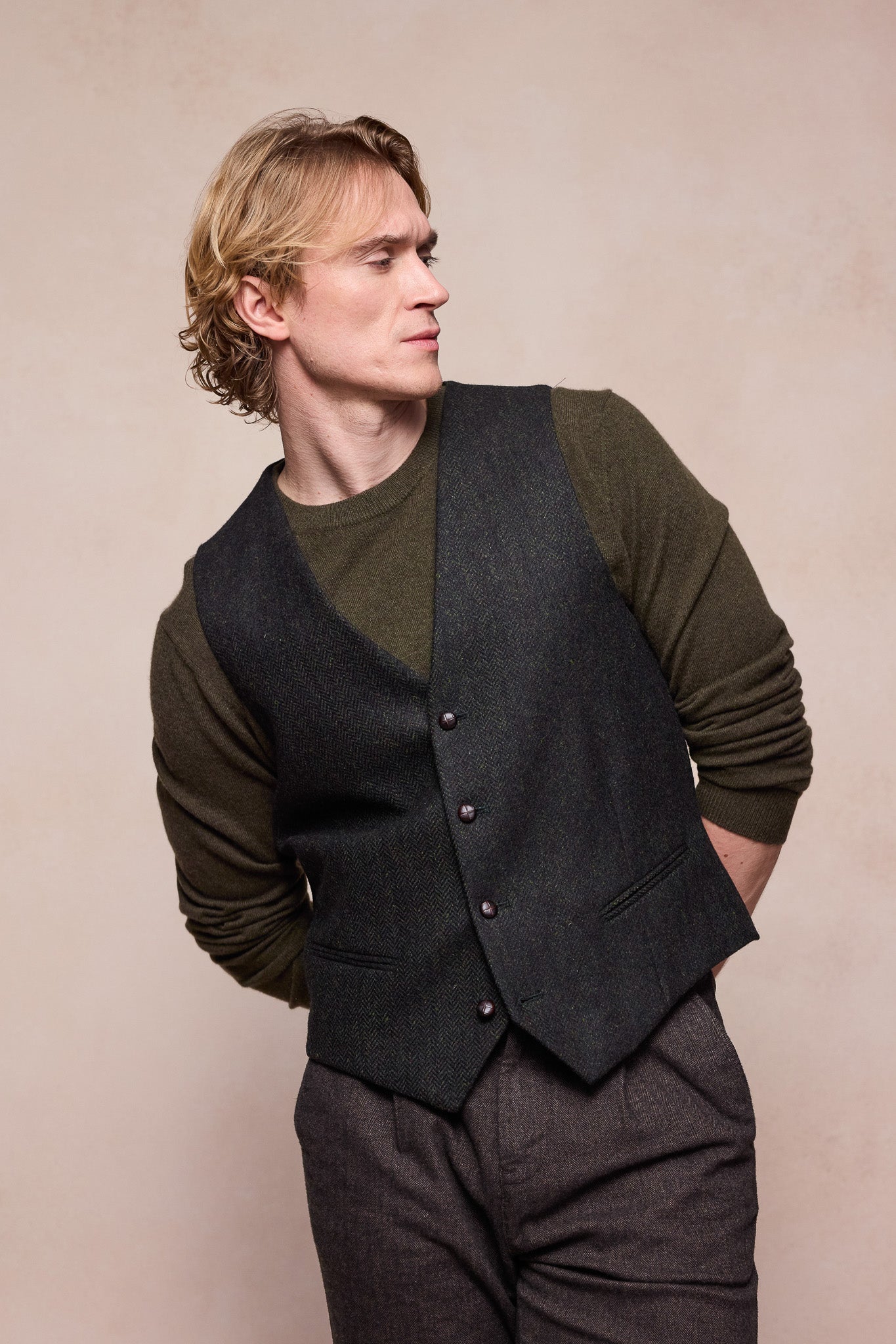 Dara Tweed Waistcoat - Green Herringbone