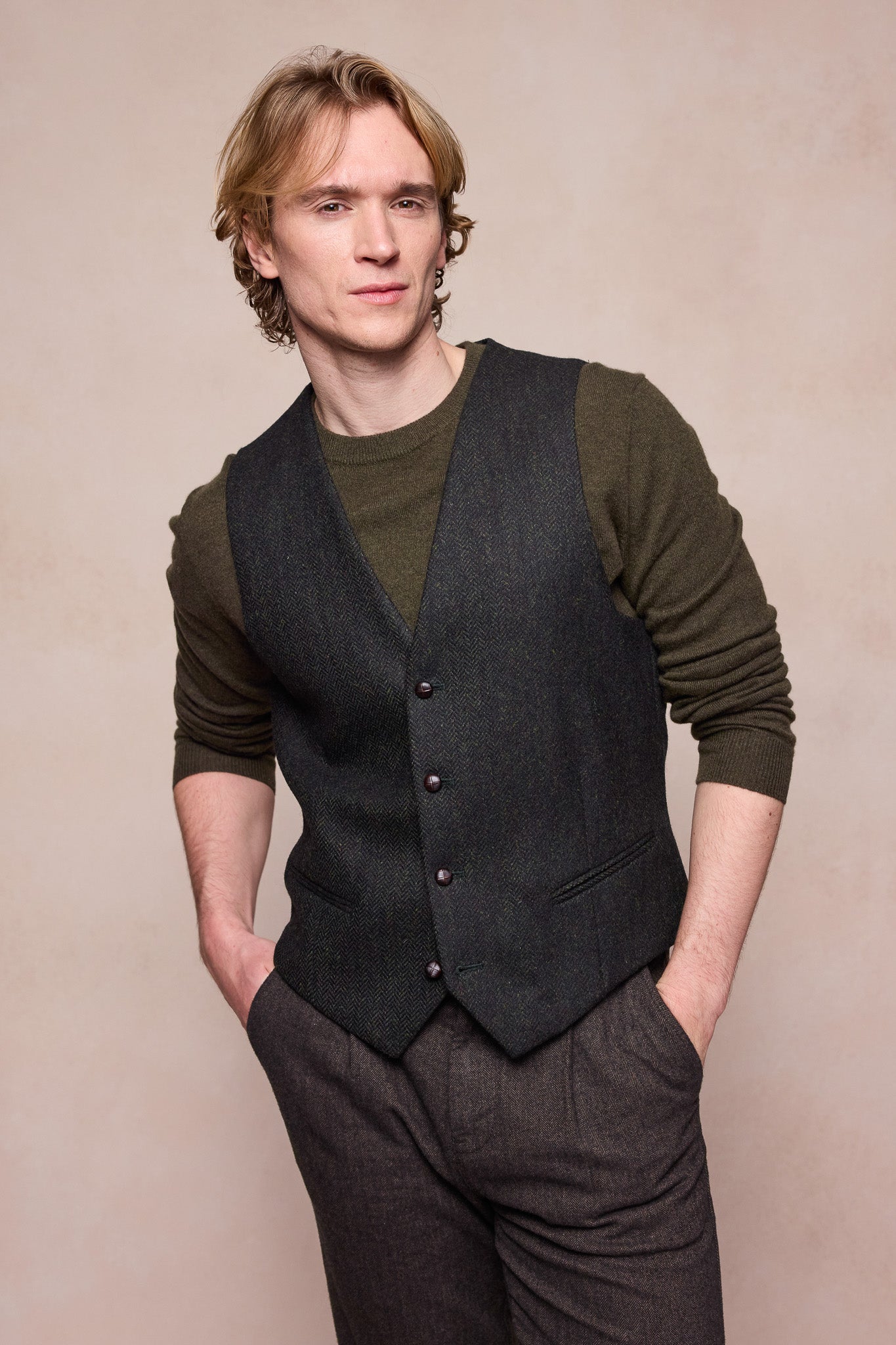 Dara Tweed Waistcoat - Green Herringbone