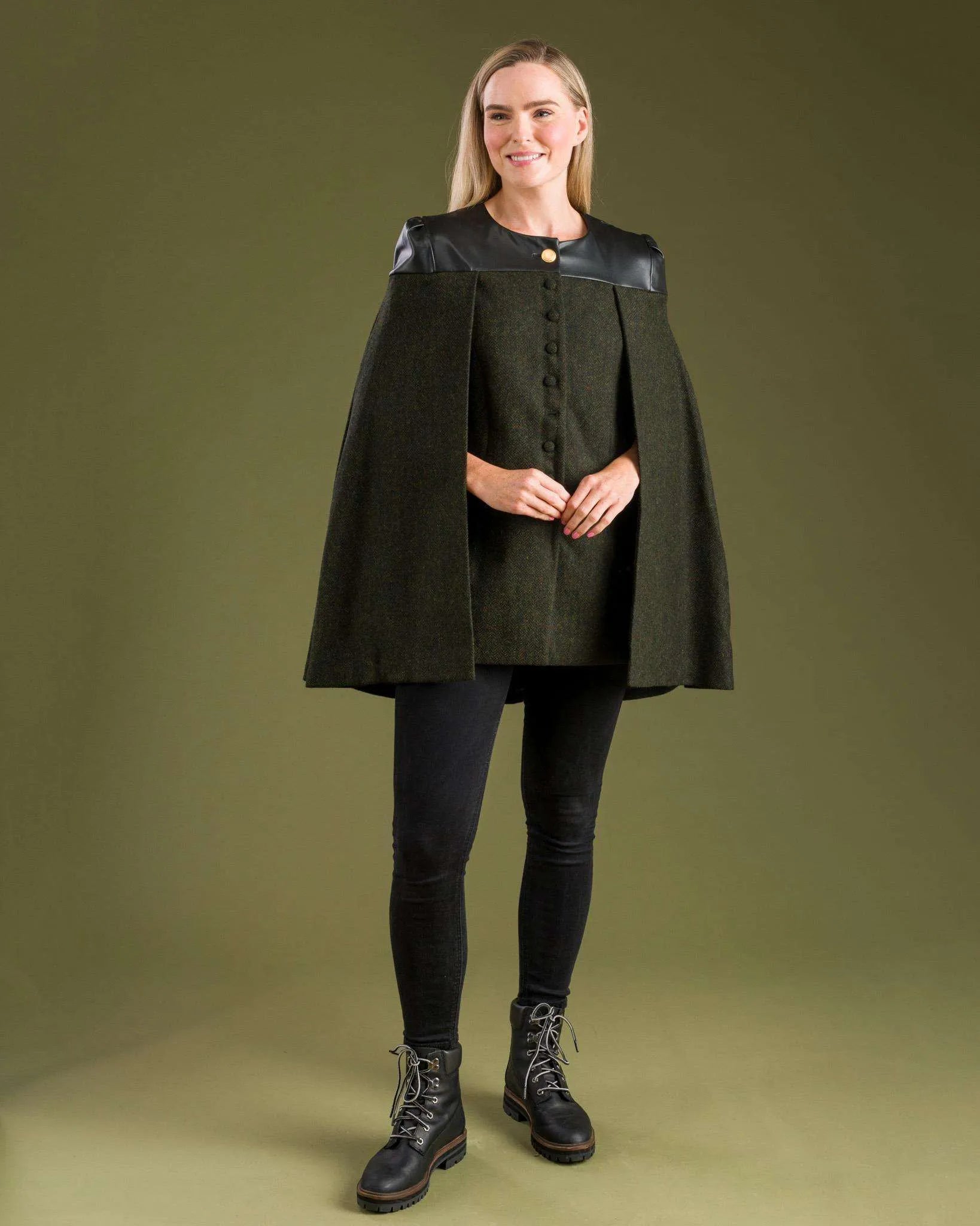 Aisling Tailored Cape - Deep Green Herringbone - Jack Murphy Ireland