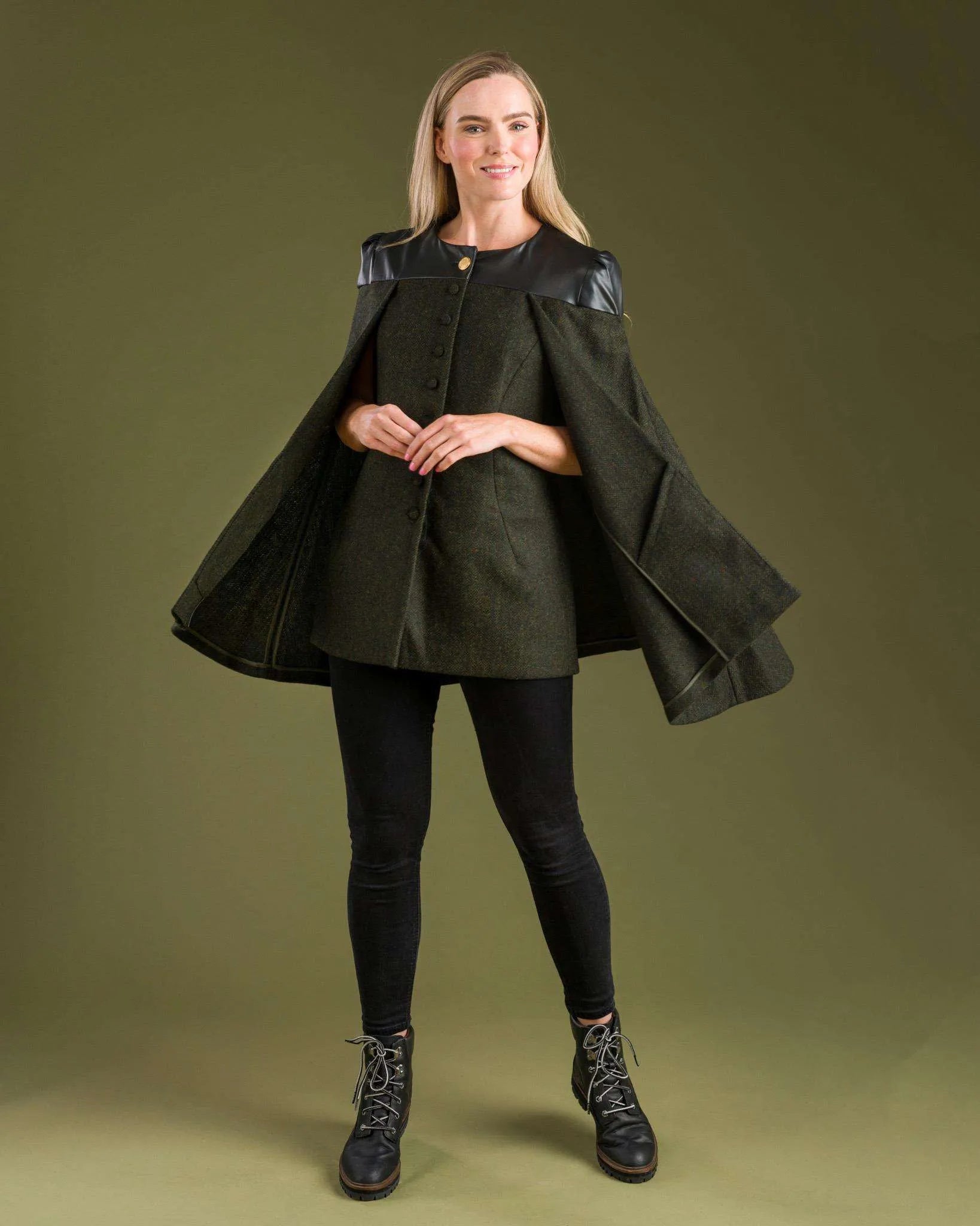 Aisling Tailored Cape - Deep Green Herringbone - Jack Murphy Ireland