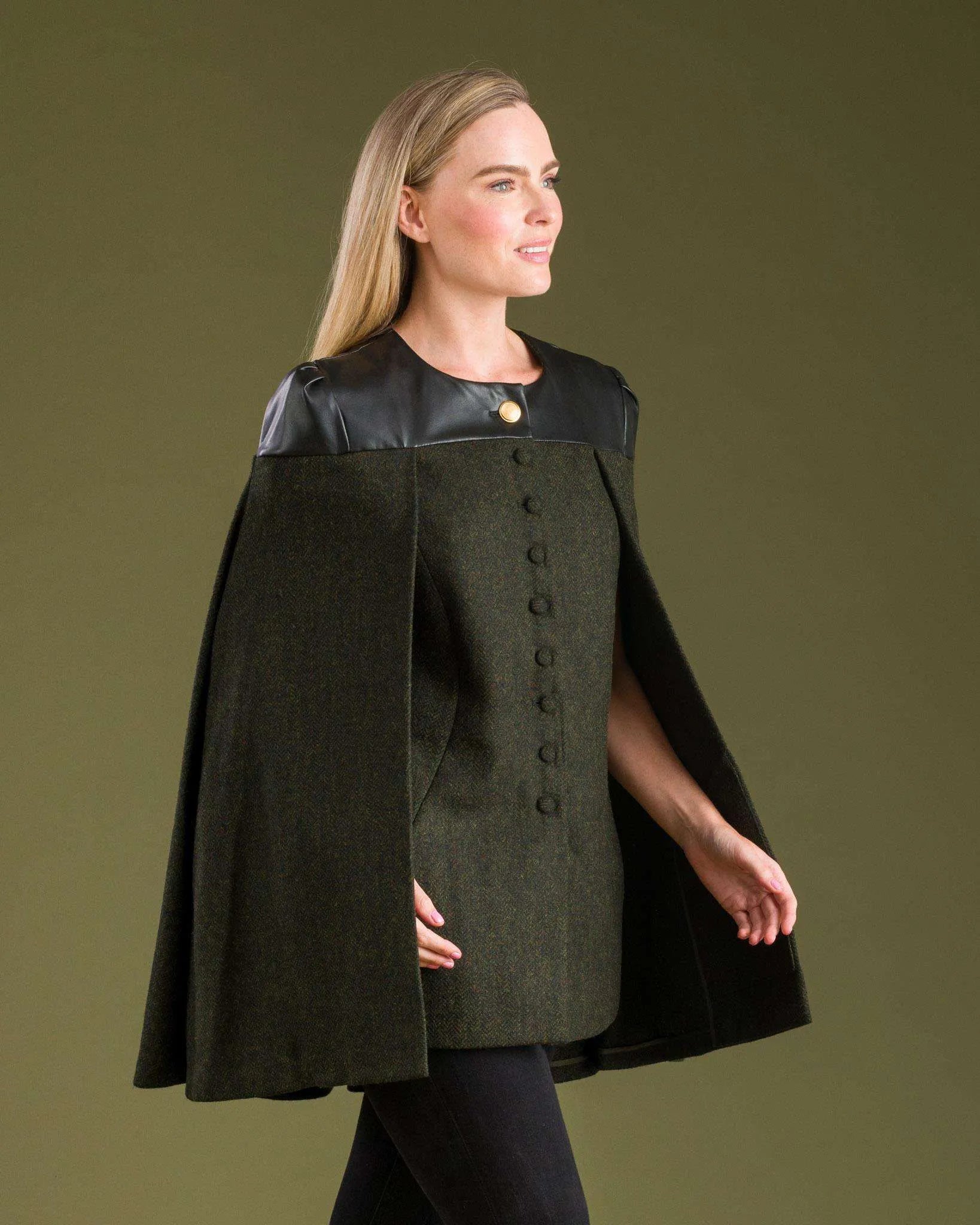 Aisling Tailored Cape - Deep Green Herringbone - Jack Murphy Ireland