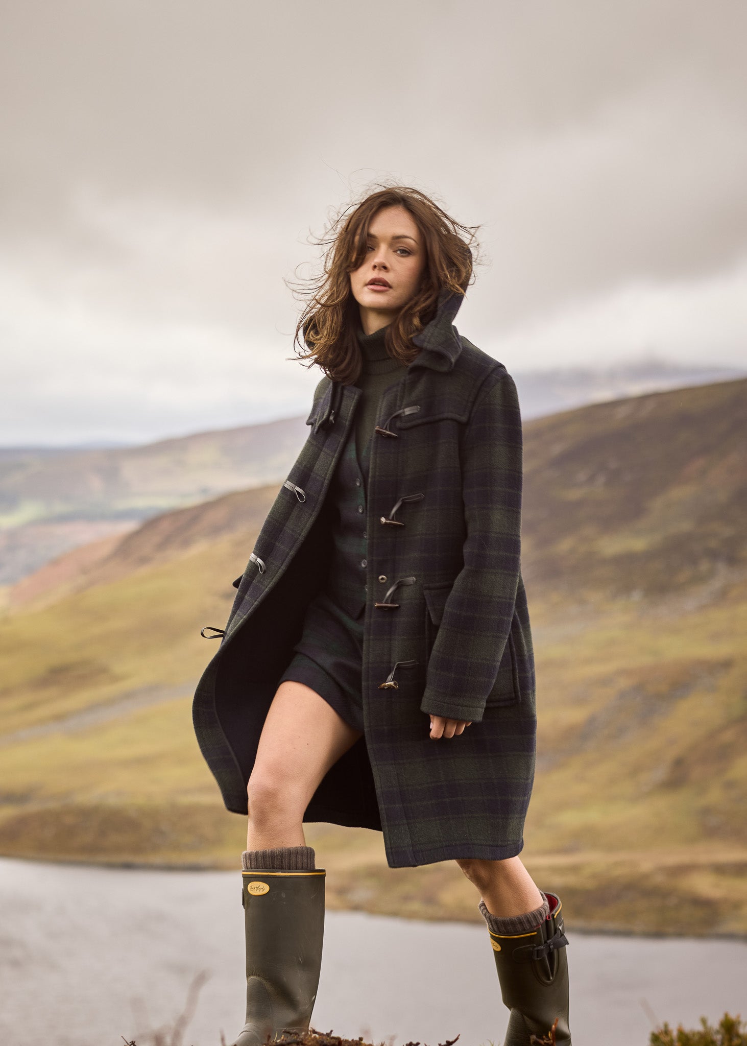Alex Wool Duffle Coat - Green Tartan