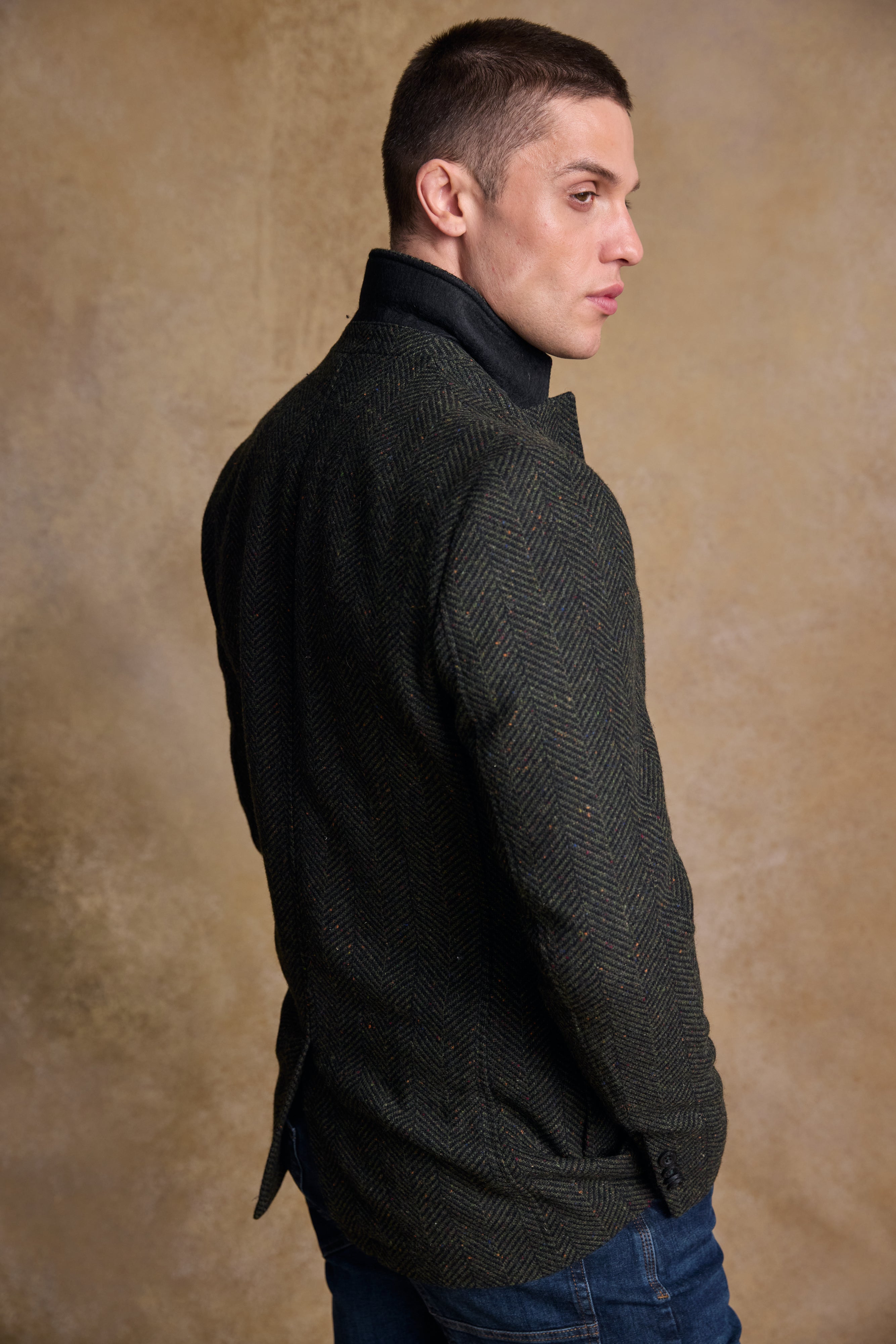 Owen Tweed Coat - Olivgrünes breites Fischgrätenmuster