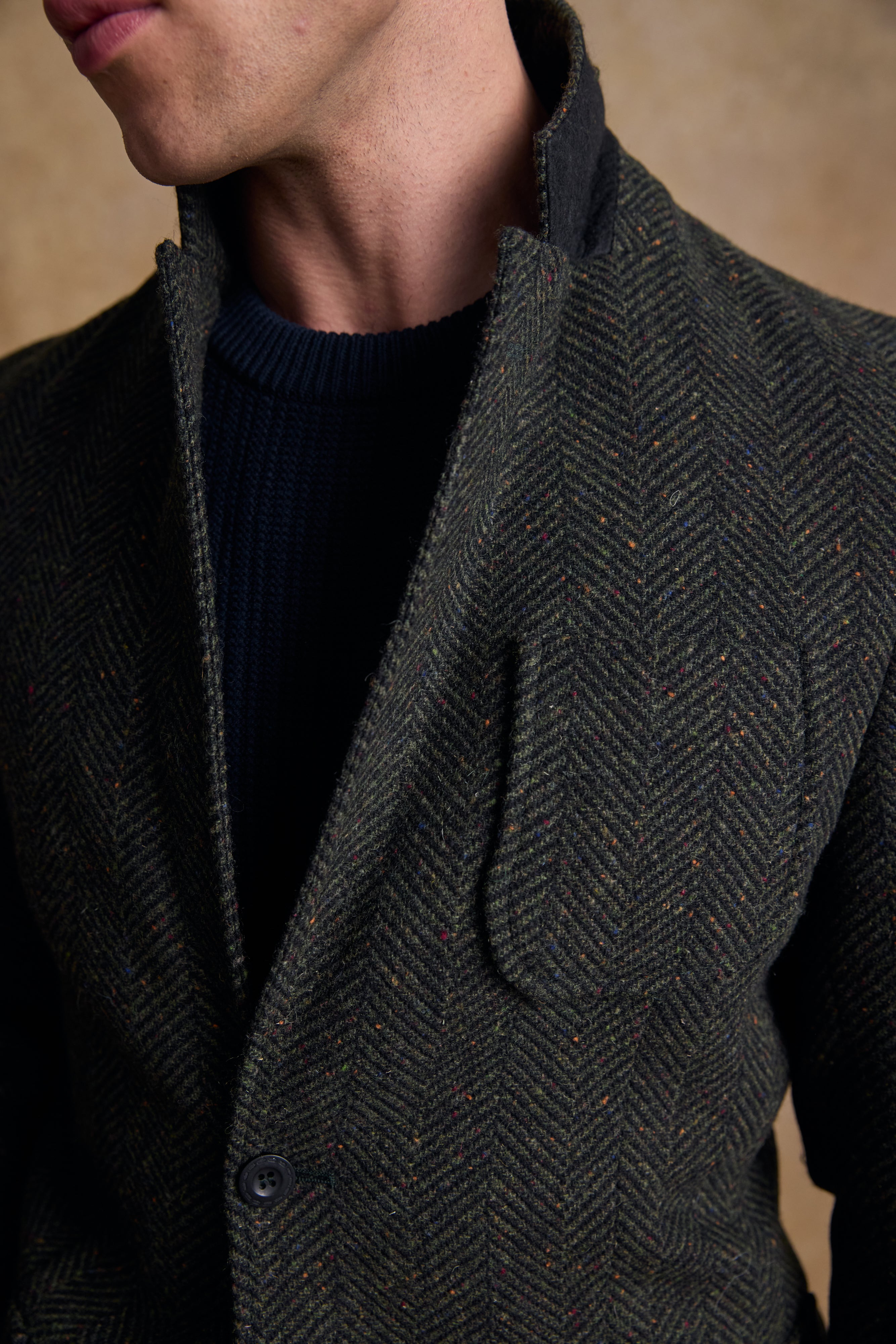 Owen Tweed Coat - Olivgrünes breites Fischgrätenmuster