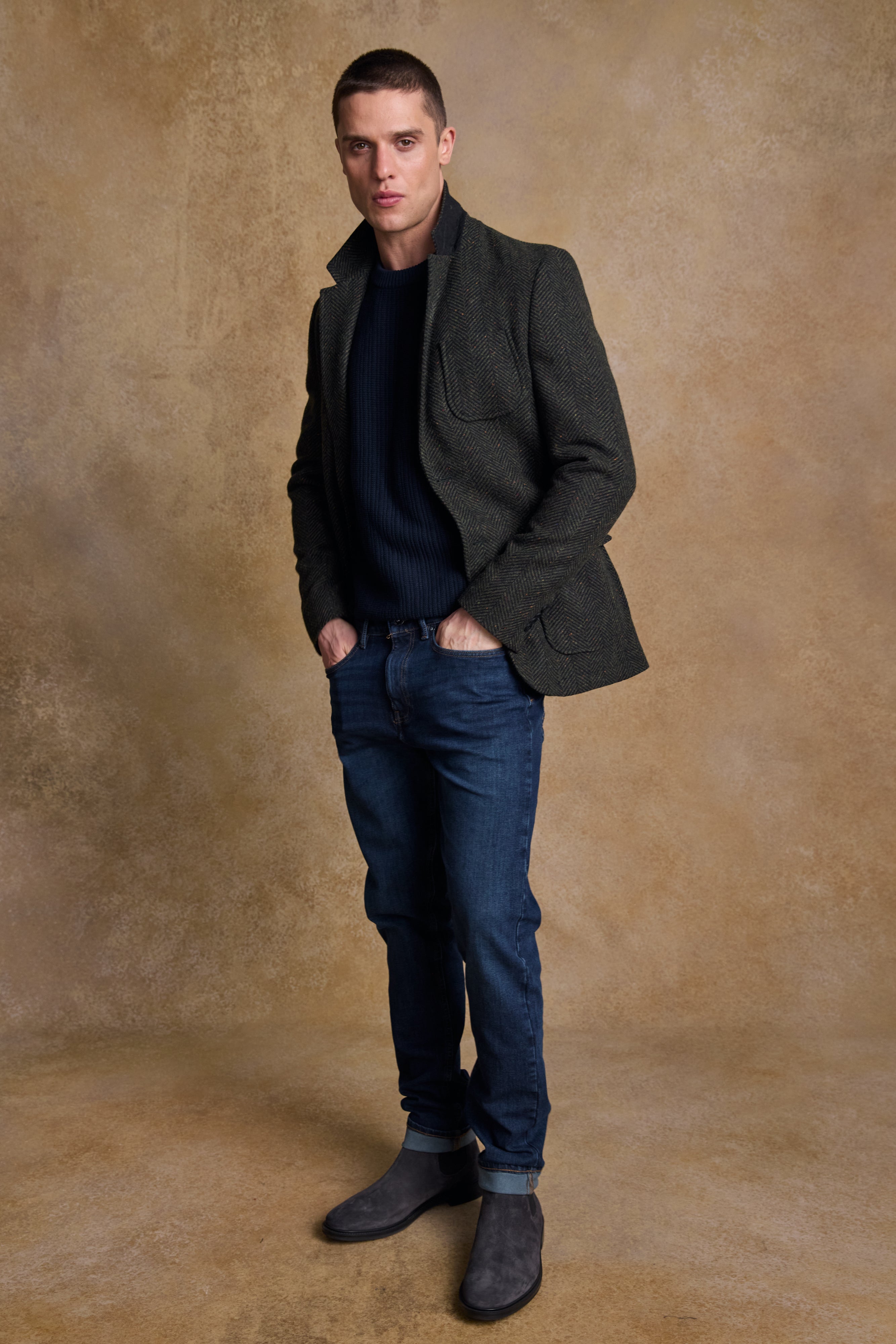 Owen Tweed Coat - Olivgrünes breites Fischgrätenmuster