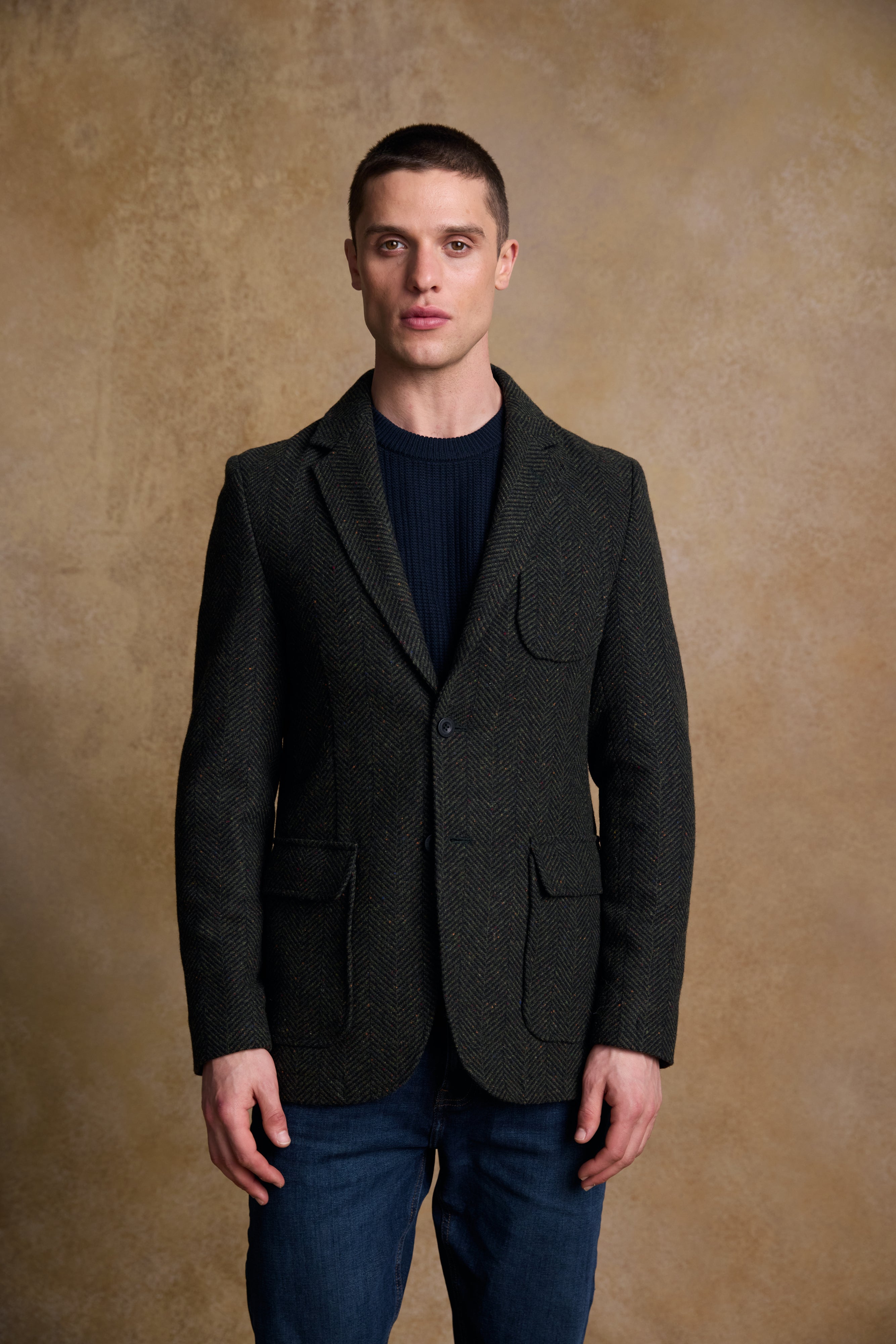Owen Tweed Coat - Olivgrünes breites Fischgrätenmuster