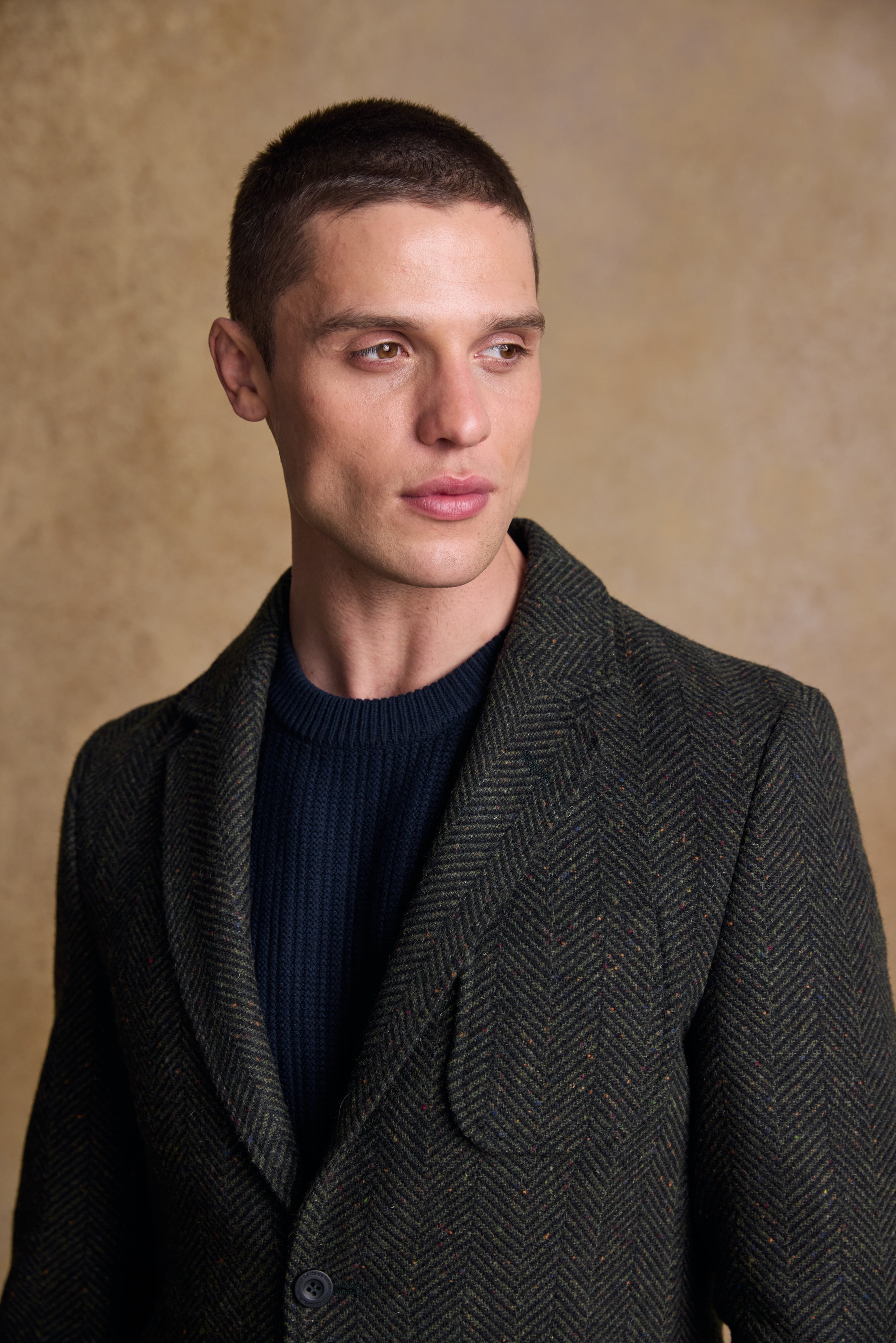Owen Tweed Coat - Olivgrünes breites Fischgrätenmuster