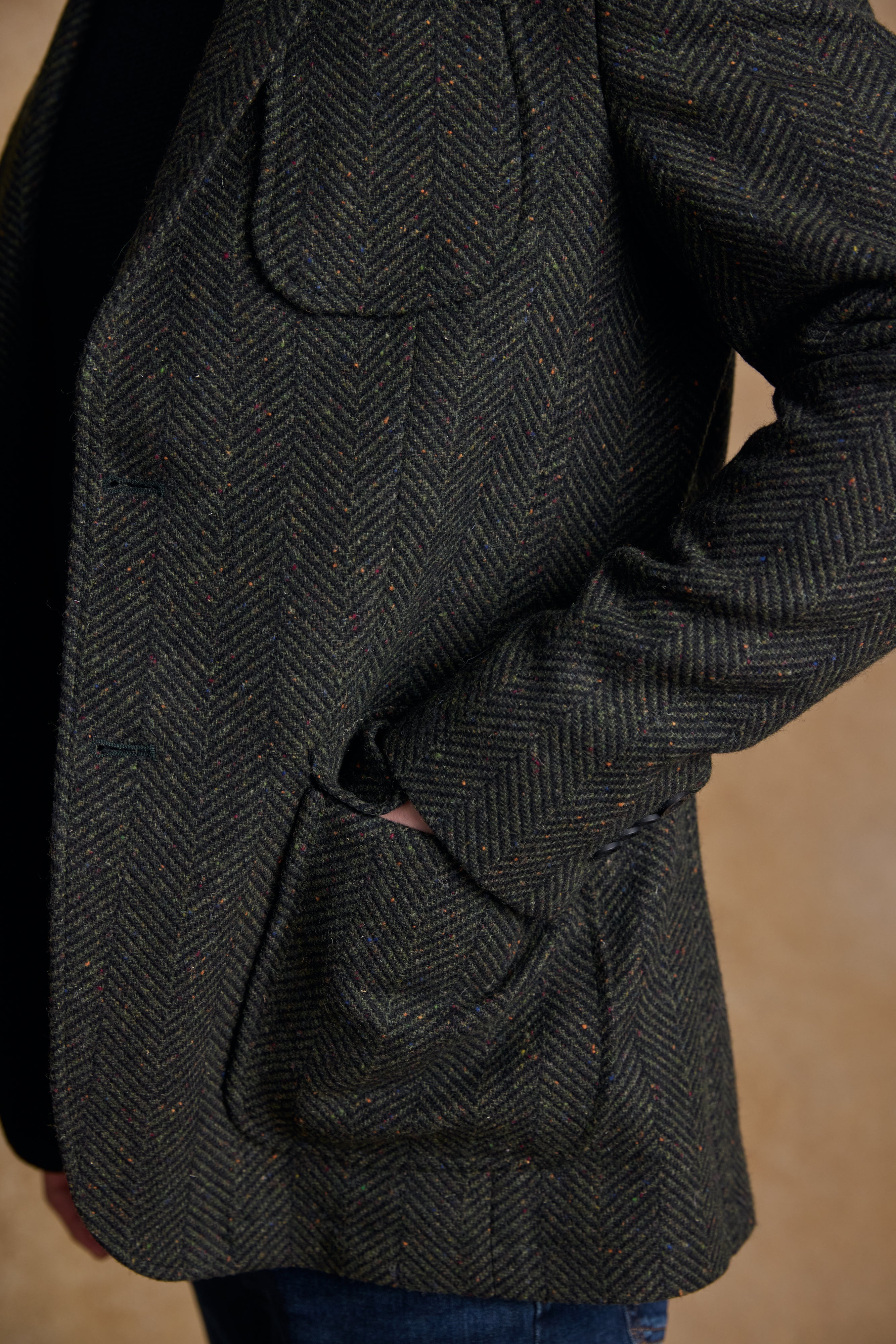 Owen Tweed Coat - Olivgrünes breites Fischgrätenmuster