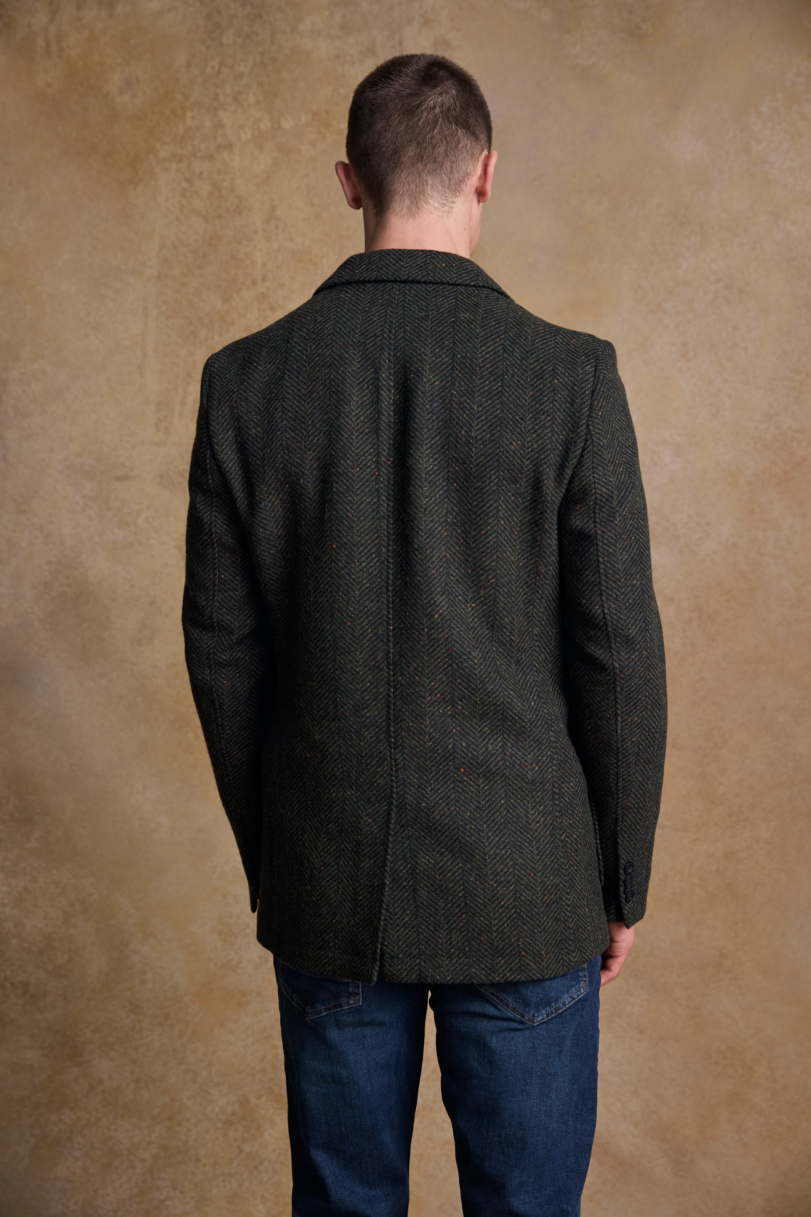 Owen Tweed Coat - Olivgrünes breites Fischgrätenmuster
