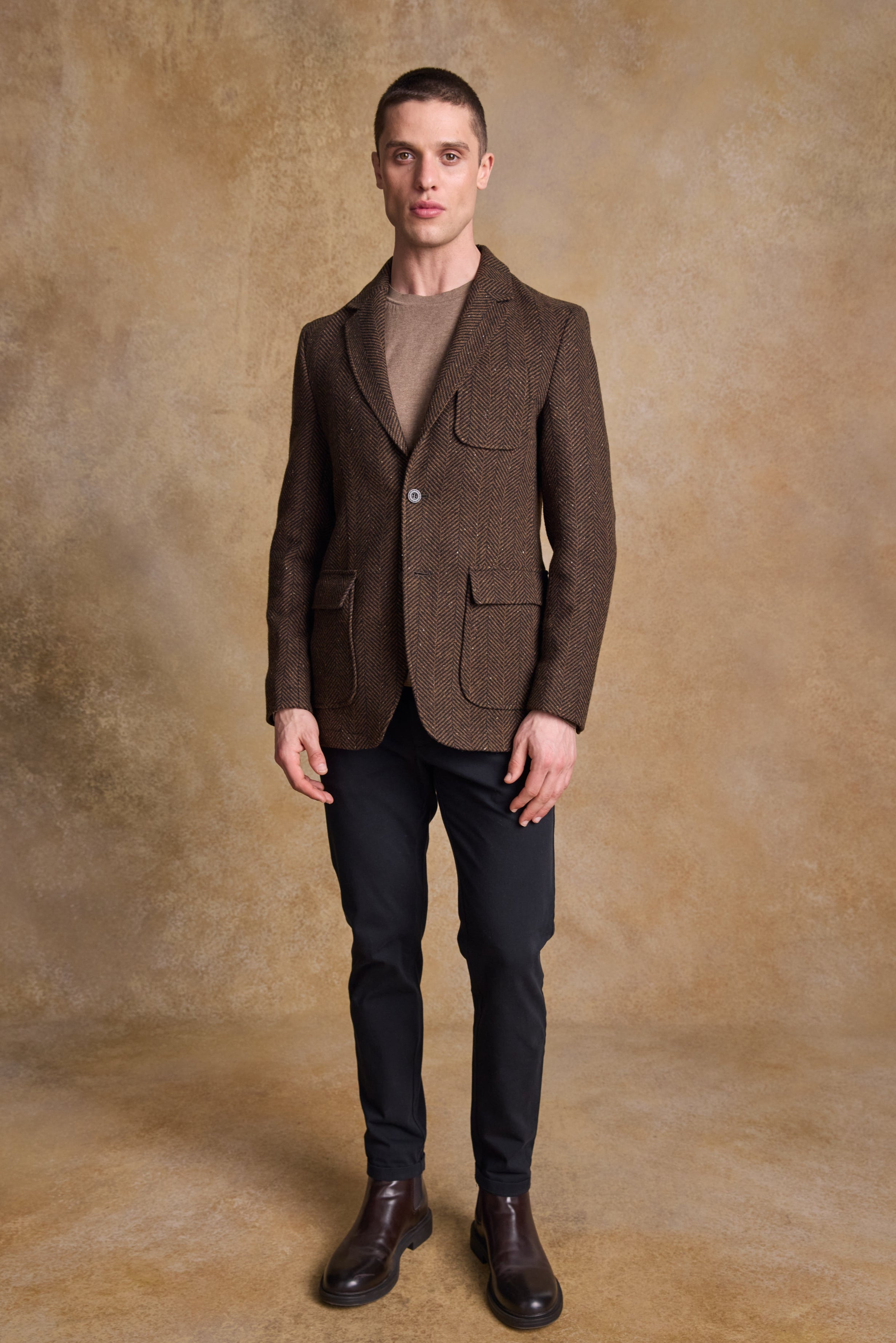 Owen Tweed Coat - Olivgrünes breites Fischgrätenmuster