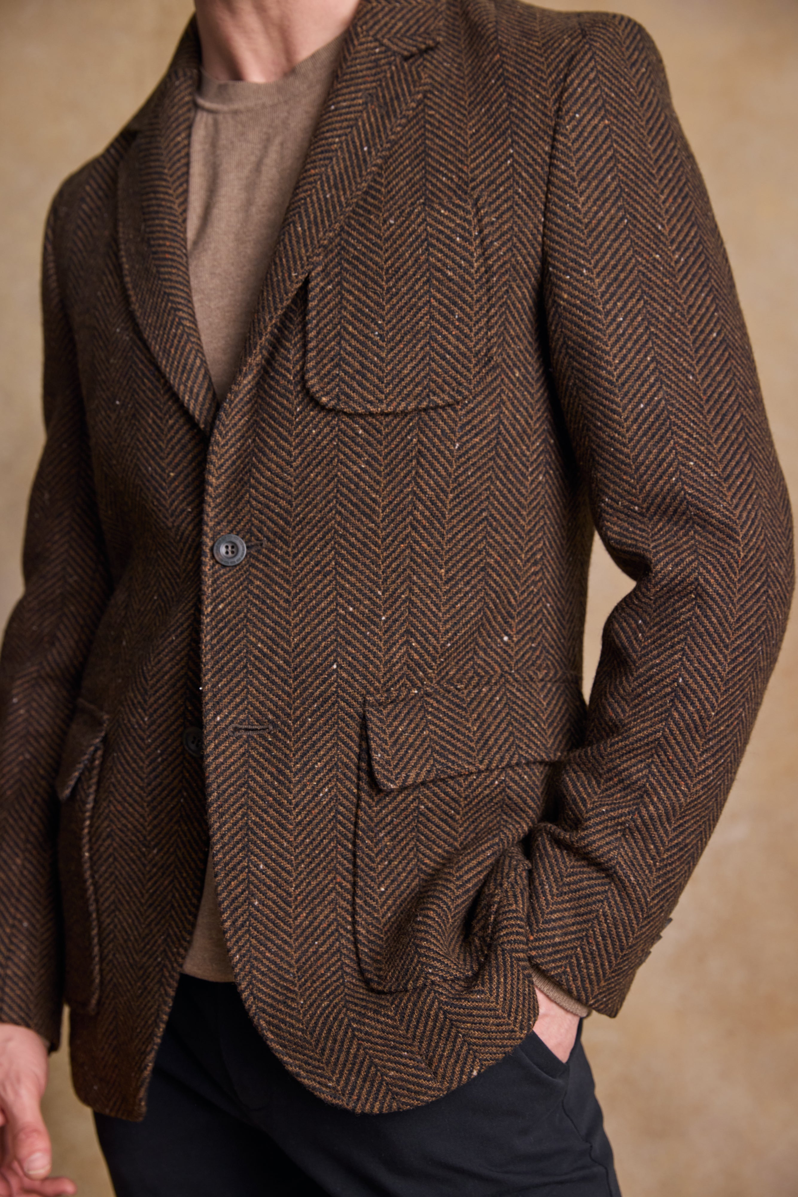 Owen Tweed Coat - Olivgrünes breites Fischgrätenmuster
