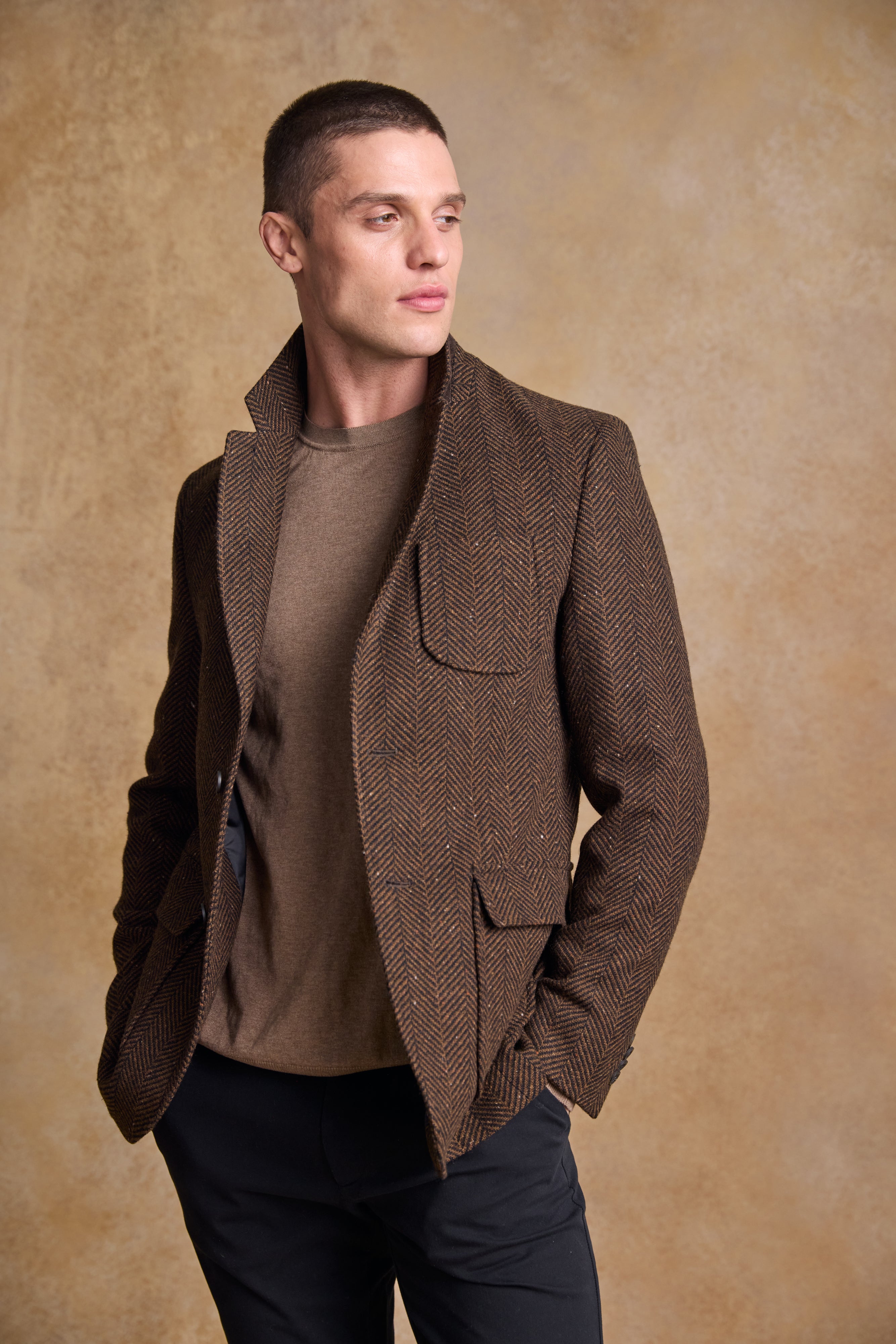 Owen Tweed Coat - Olivgrünes breites Fischgrätenmuster