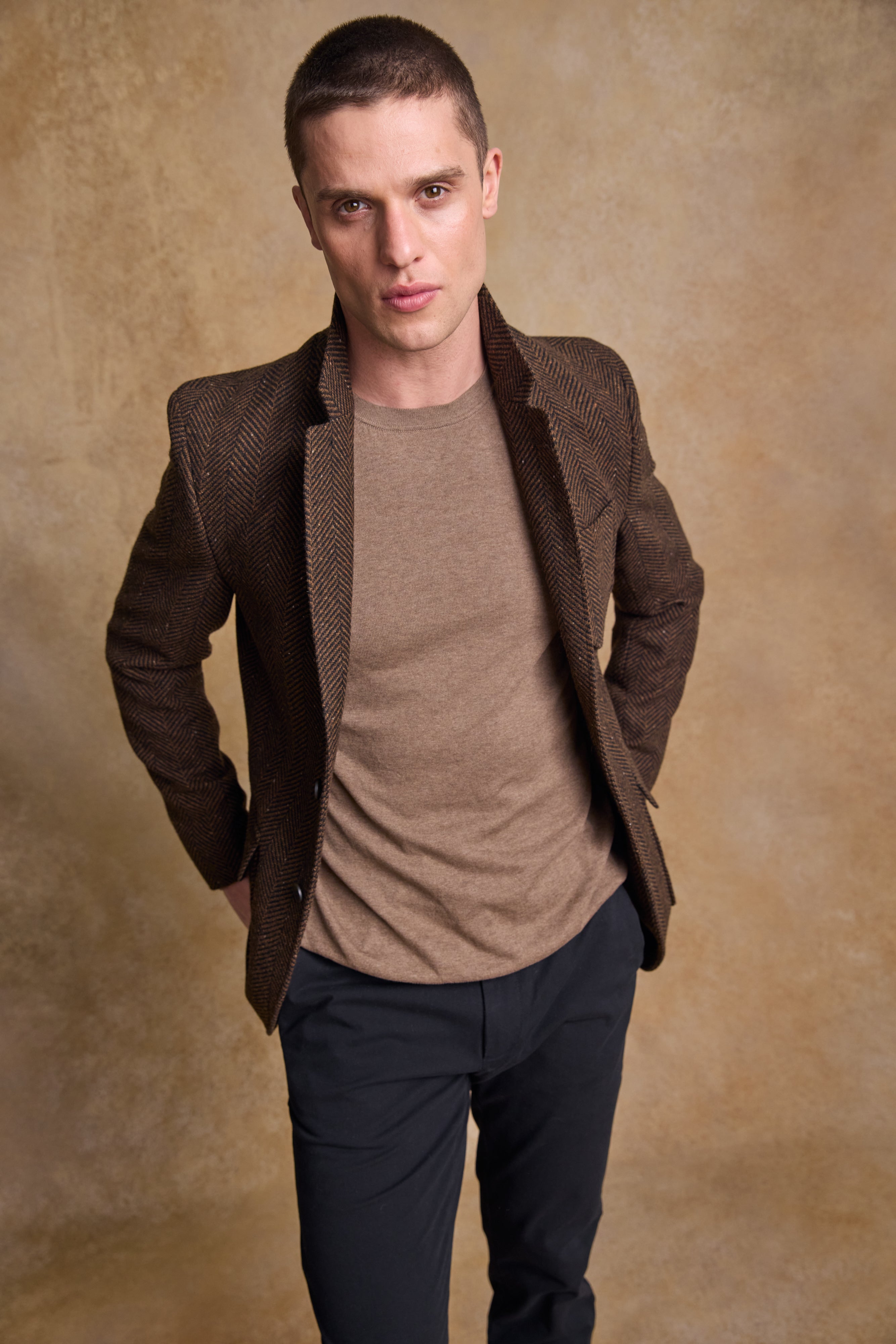 Owen Tweed Coat - Olivgrünes breites Fischgrätenmuster