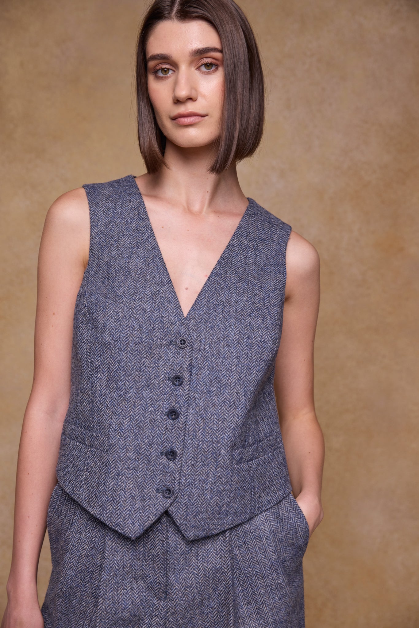 Colleen Tweed Waistcoat - Denim Herringbone