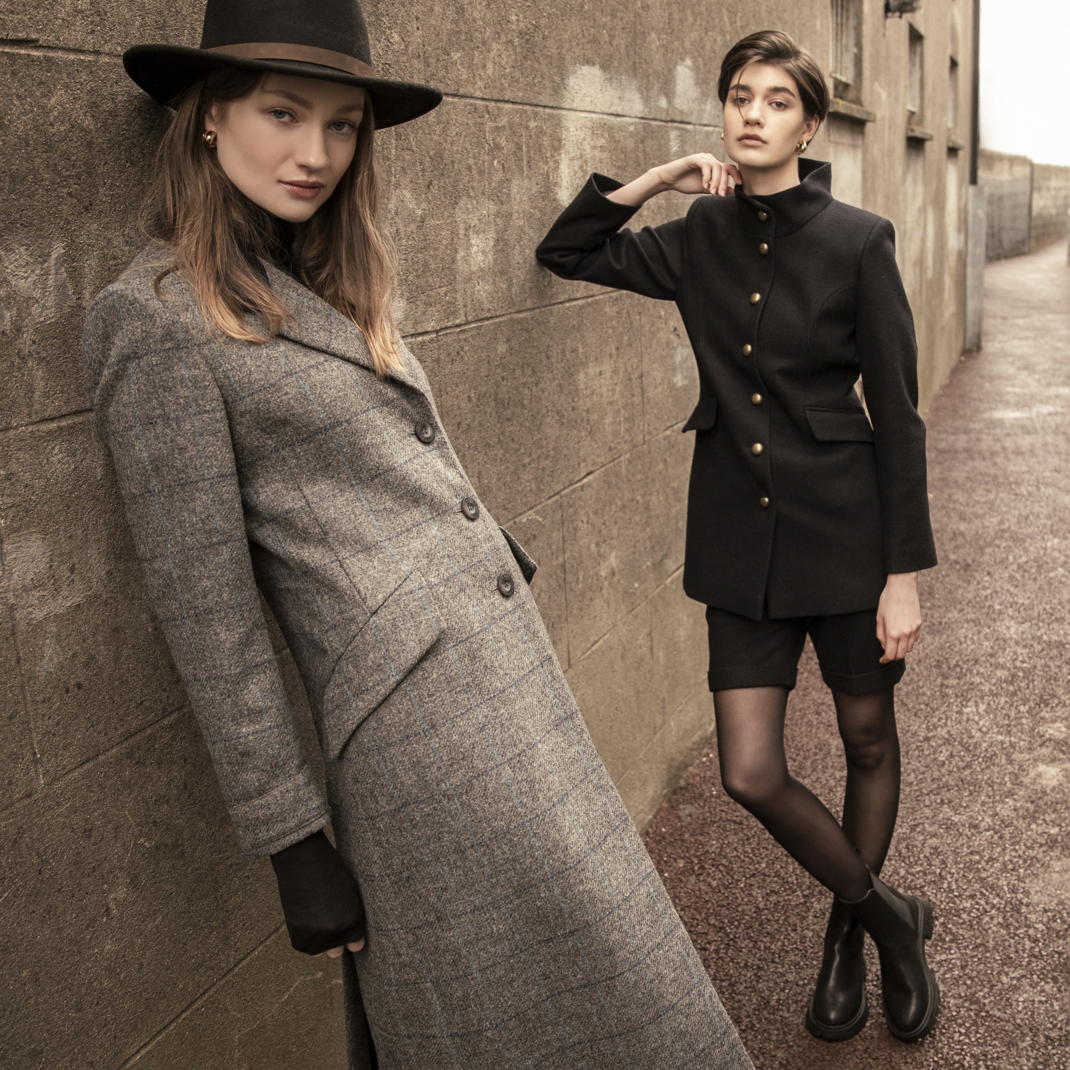 Fran tweed coat in grey check Lynn jacket and Maggie shorts in Navy wool melton