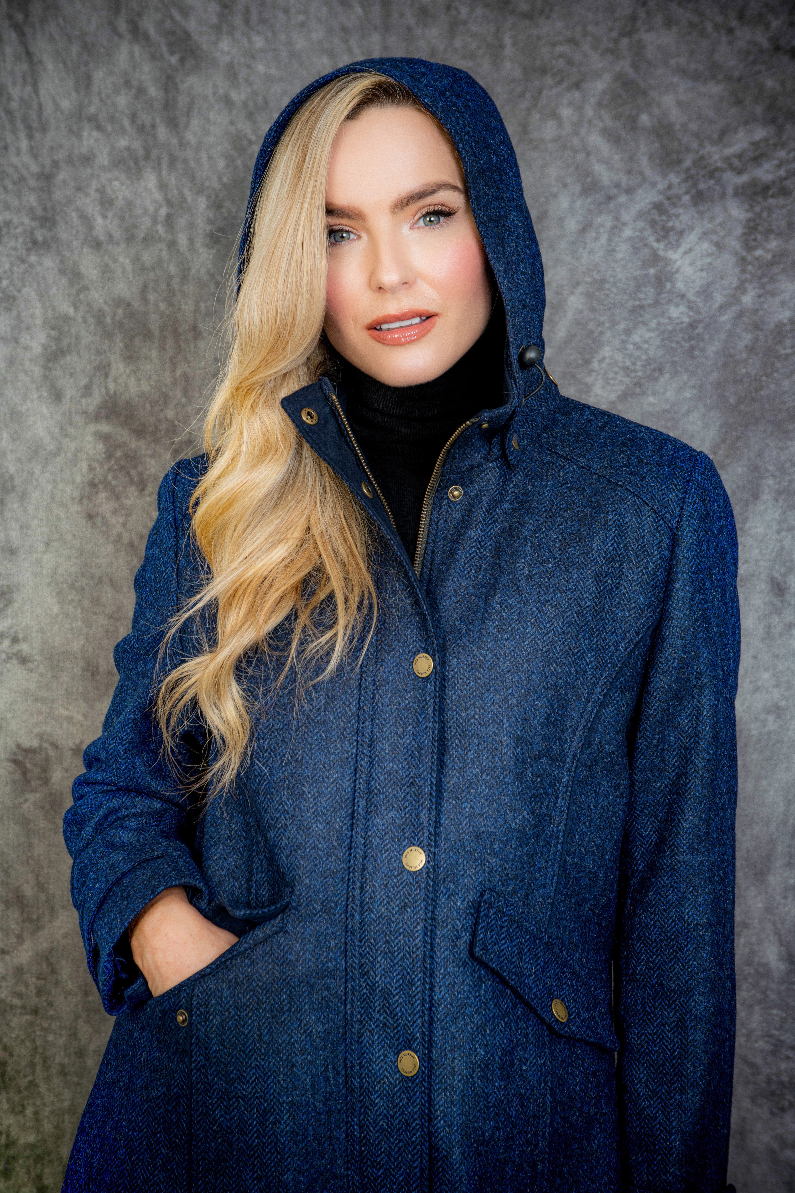 Julia Long Tweed Coat - Navy Herringbone - Jack Murphy Ireland