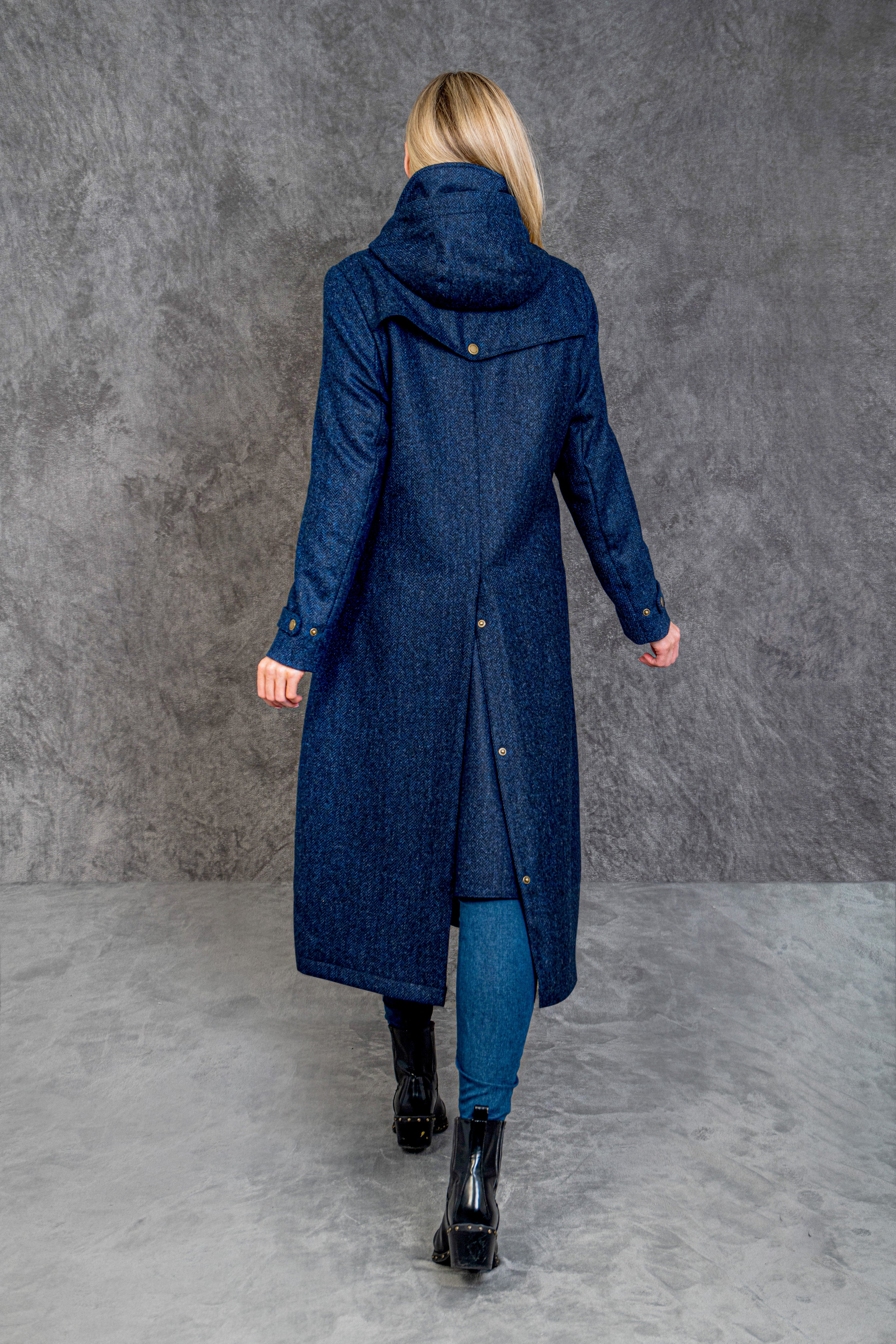 Julia Long Tweed Coat - Navy Herringbone - Jack Murphy Ireland