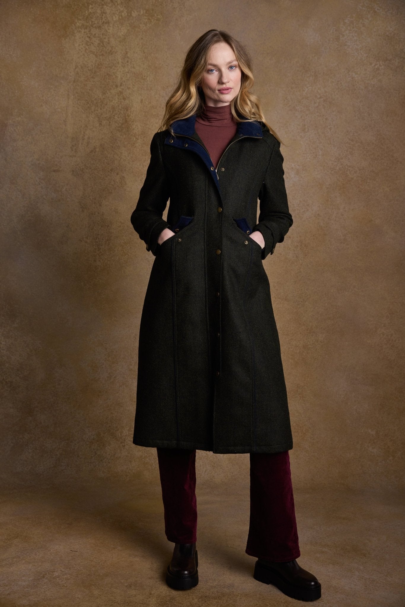 Jack Murphy Ireland - Julia Long Tweed Coat - Deep Green Herringbone - Tweed