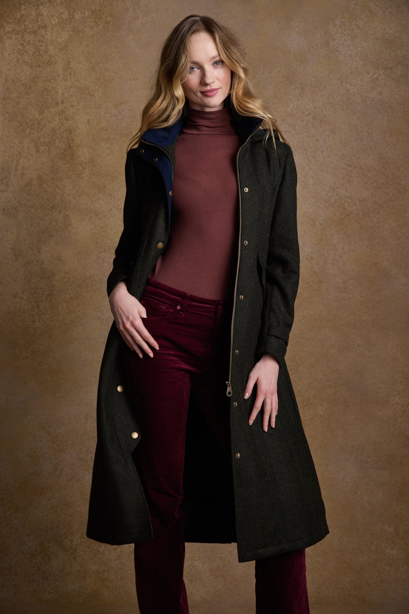 Jack Murphy Ireland - Julia Long Tweed Coat - Deep Green Herringbone - Tweed