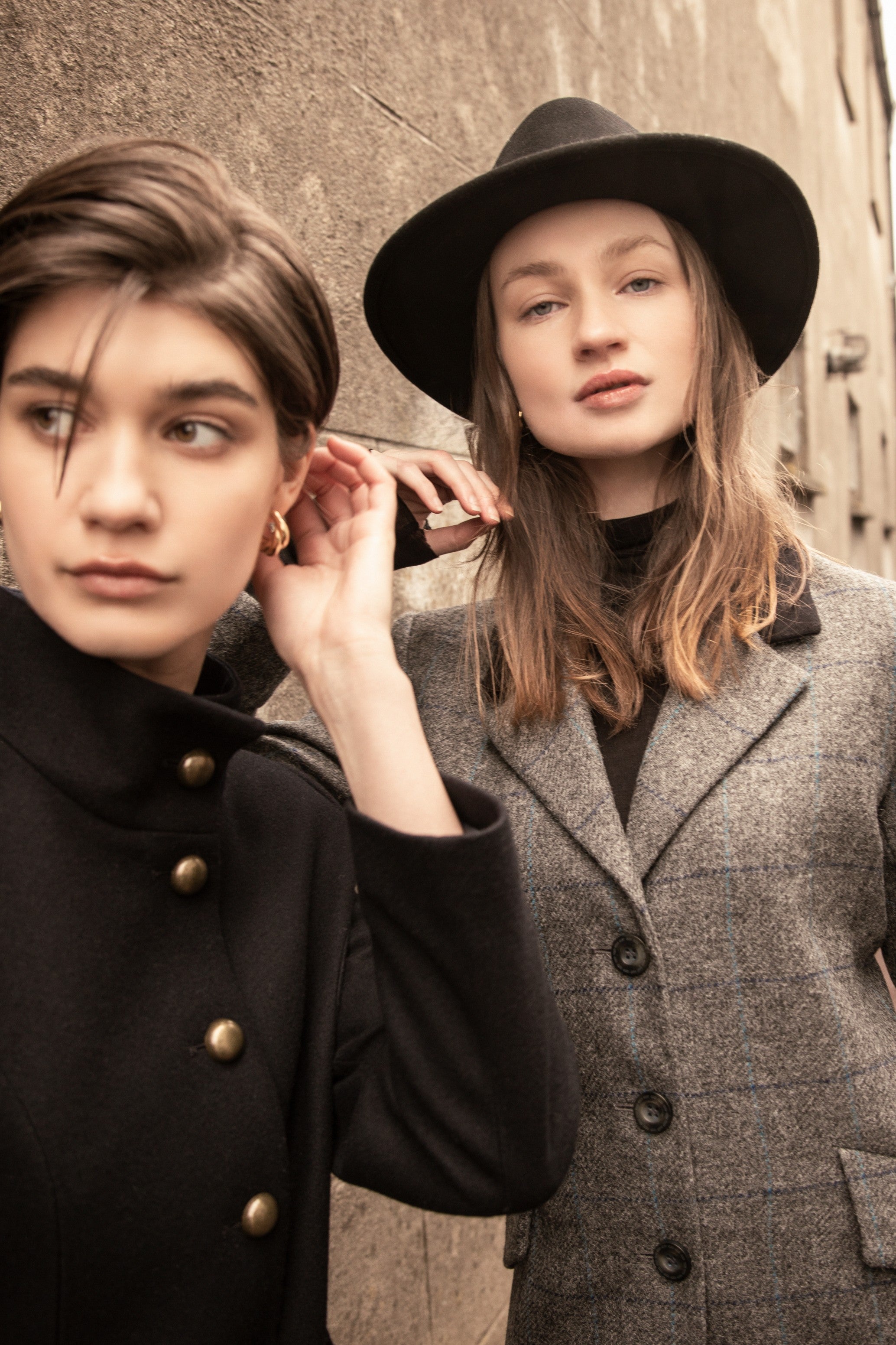 Lynn jacket in Navy wool melton Fran tweed coat in grey check with boston hat