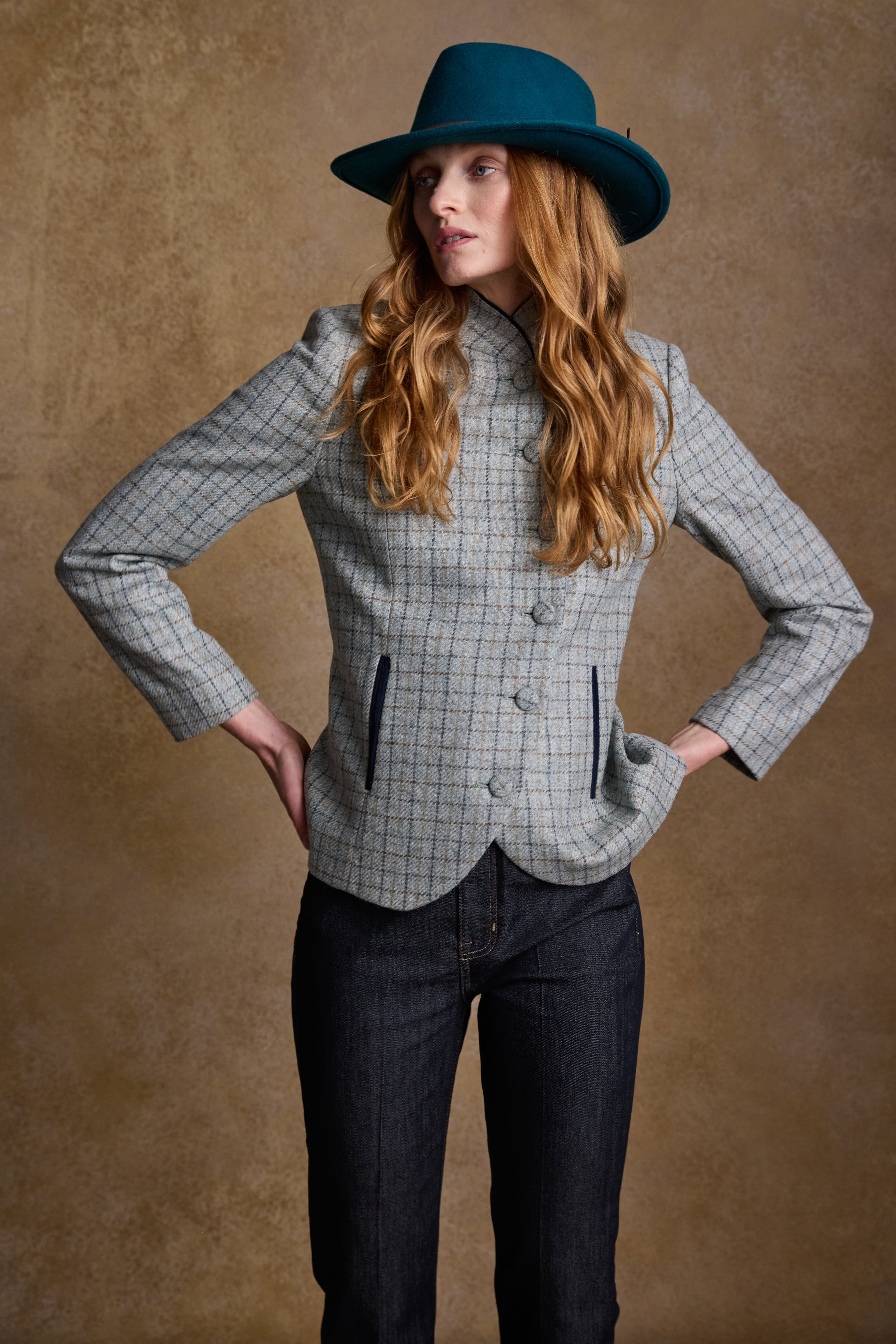 Ginger model wearing Nicole tweed Jacket in Jade Weave and Boston felt hat in teal green