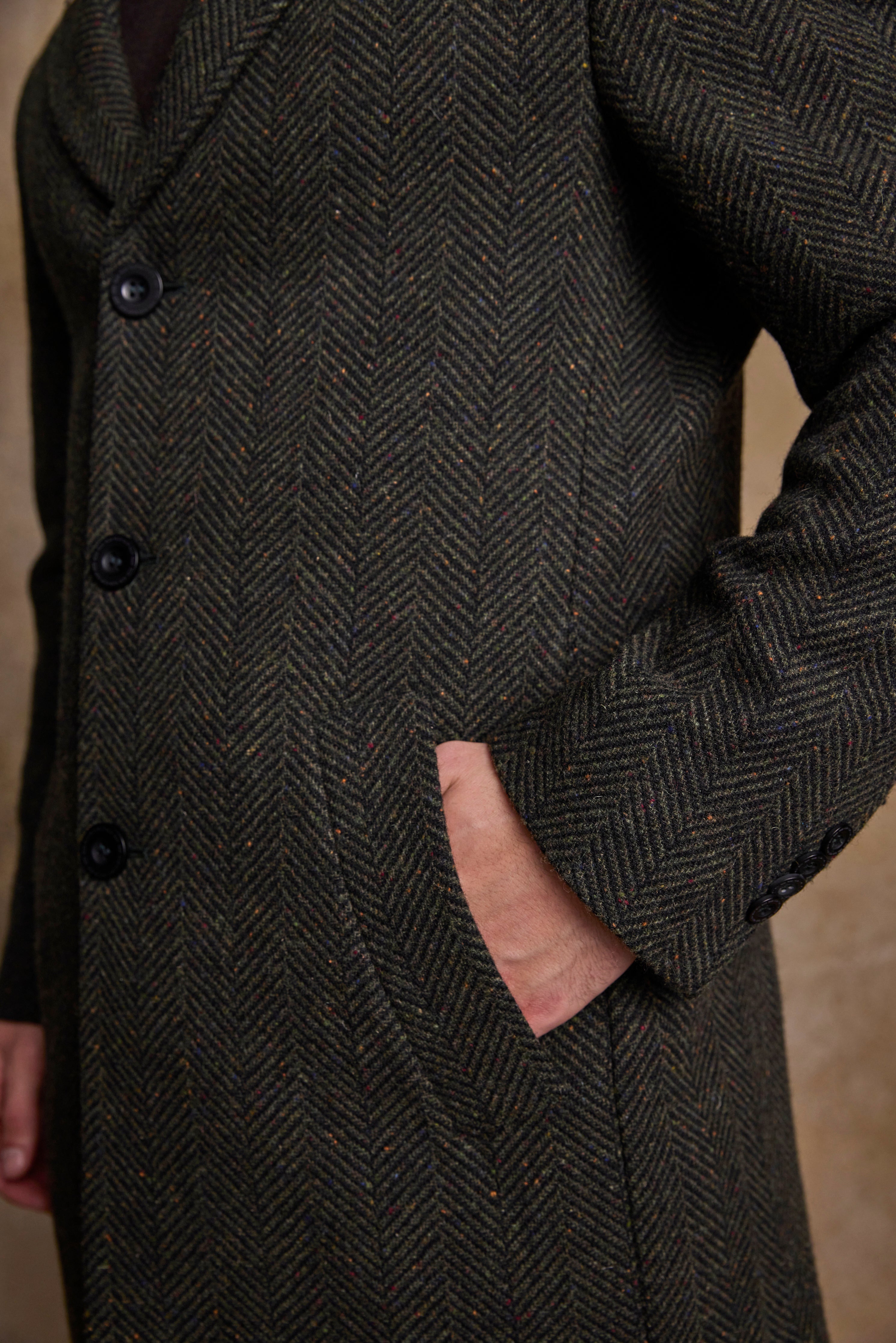 Owen Tweed Coat - Olivgrünes breites Fischgrätenmuster
