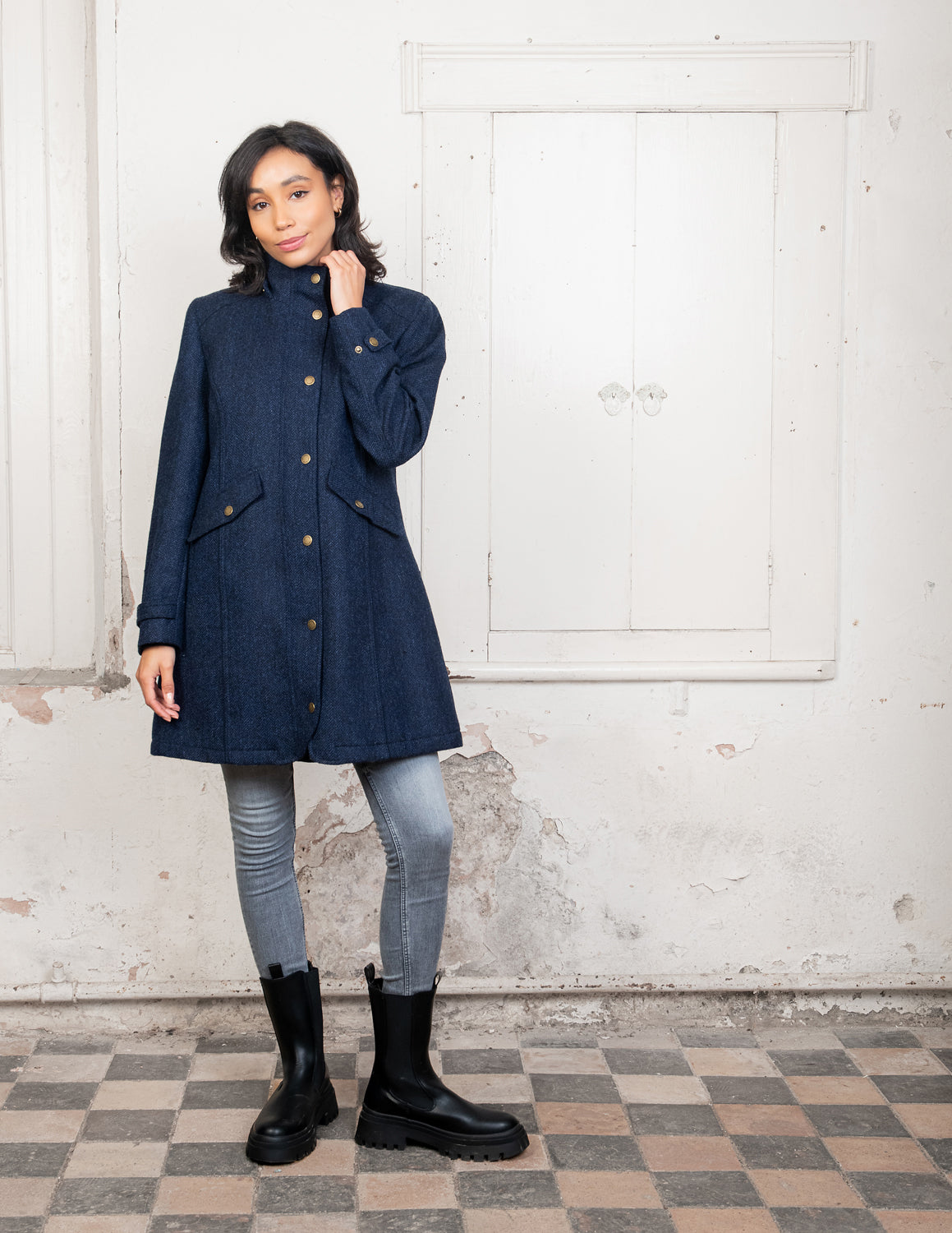 Abbie Tweed Coat - Navy Herringbone - Jack Murphy Ireland