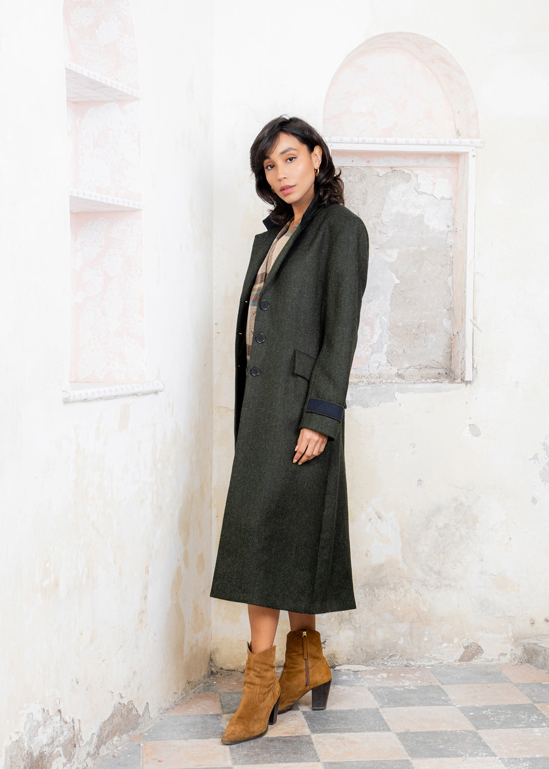 Fran Tweed Coat - Deep Green Herringbone - Jack Murphy Ireland