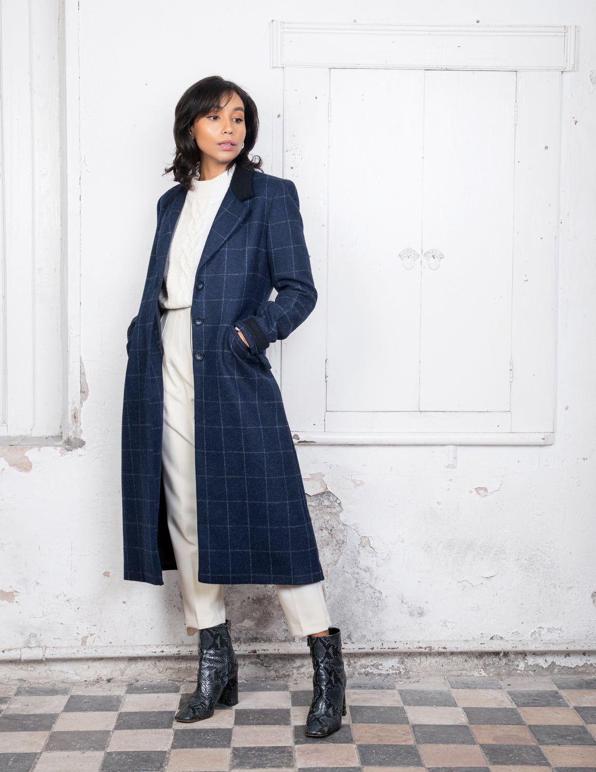 Blue checkered clearance coat