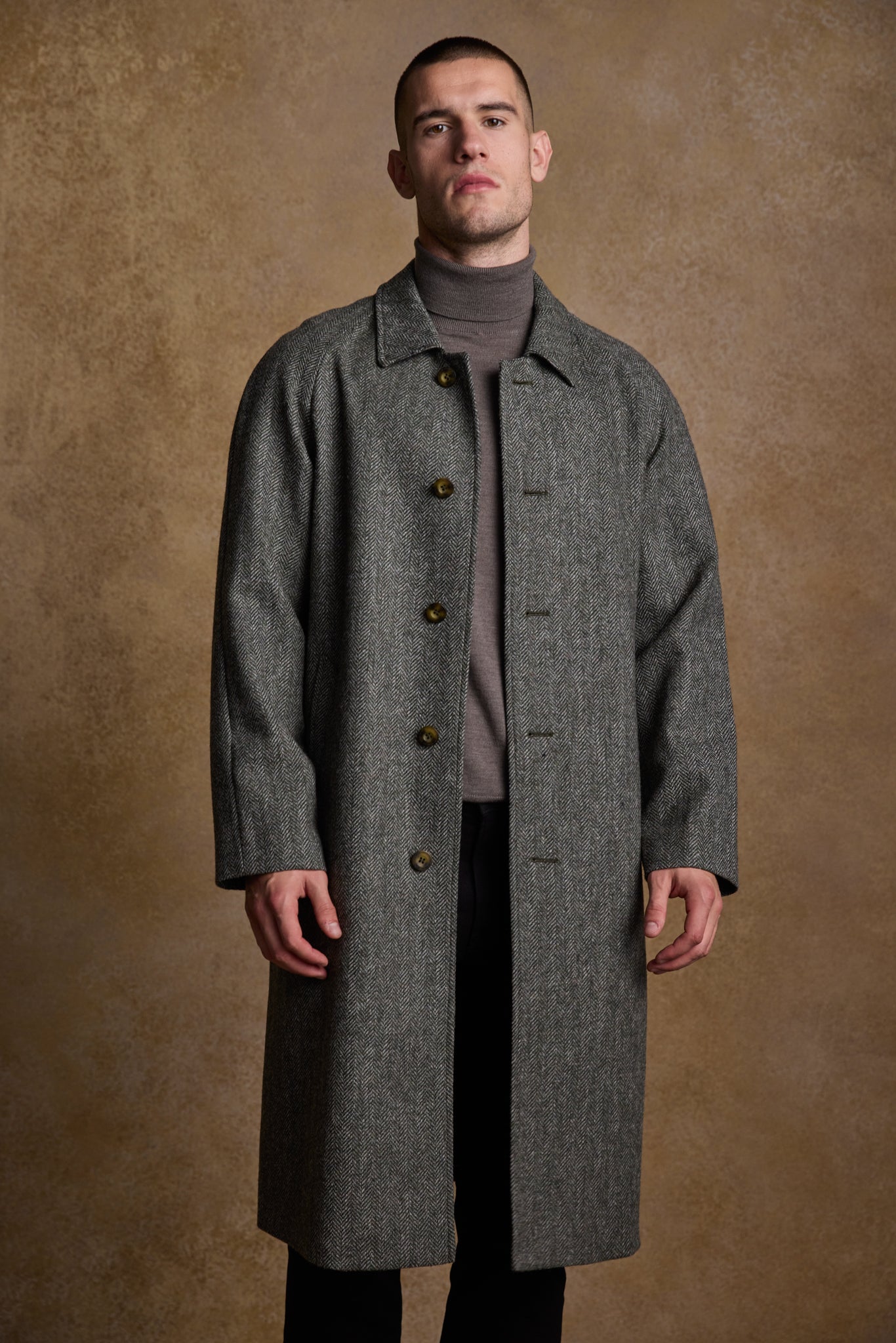 Sean Tweed Coat Olive Wide Herringbone - Main Image