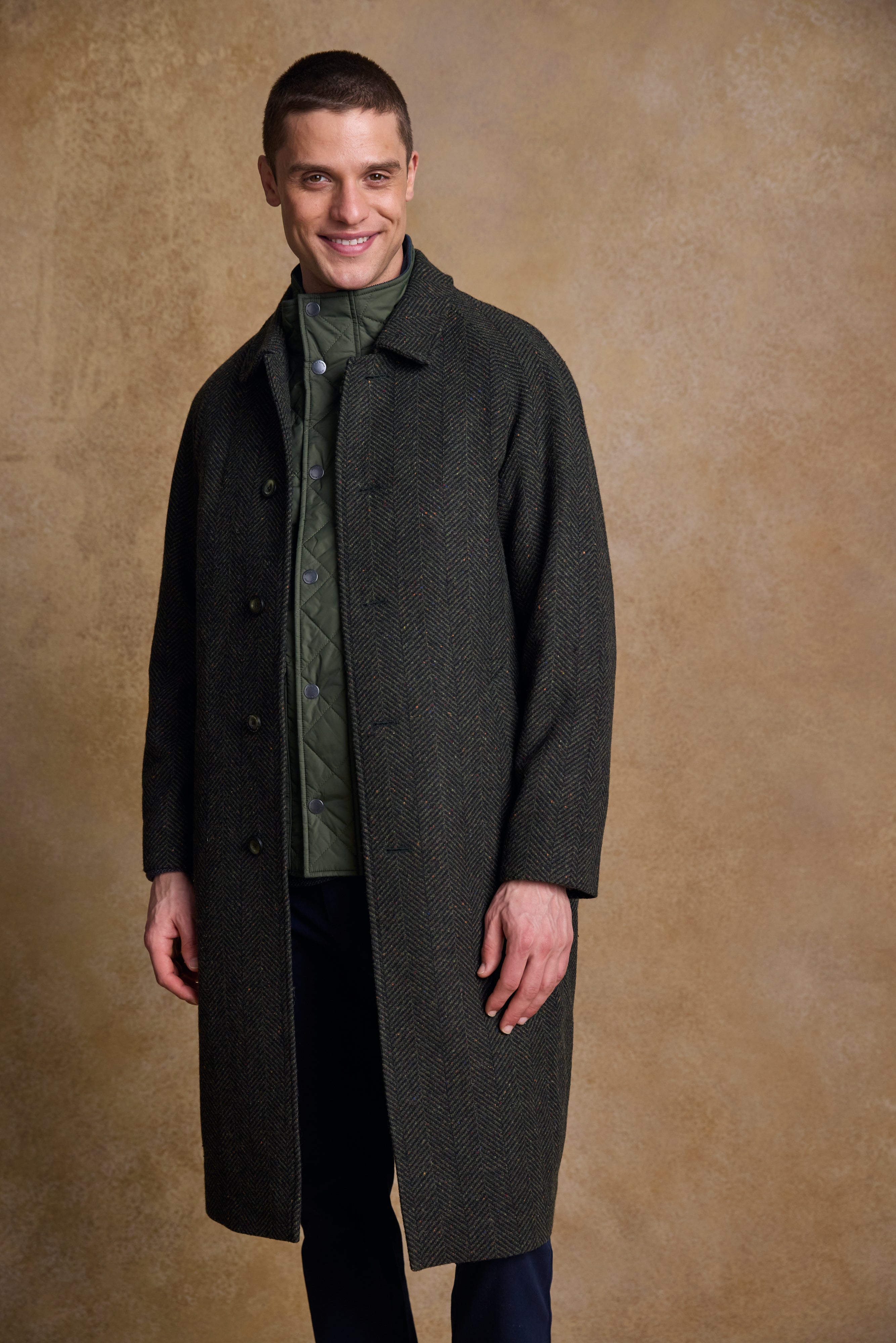 Owen Tweed Coat - Olivgrünes breites Fischgrätenmuster