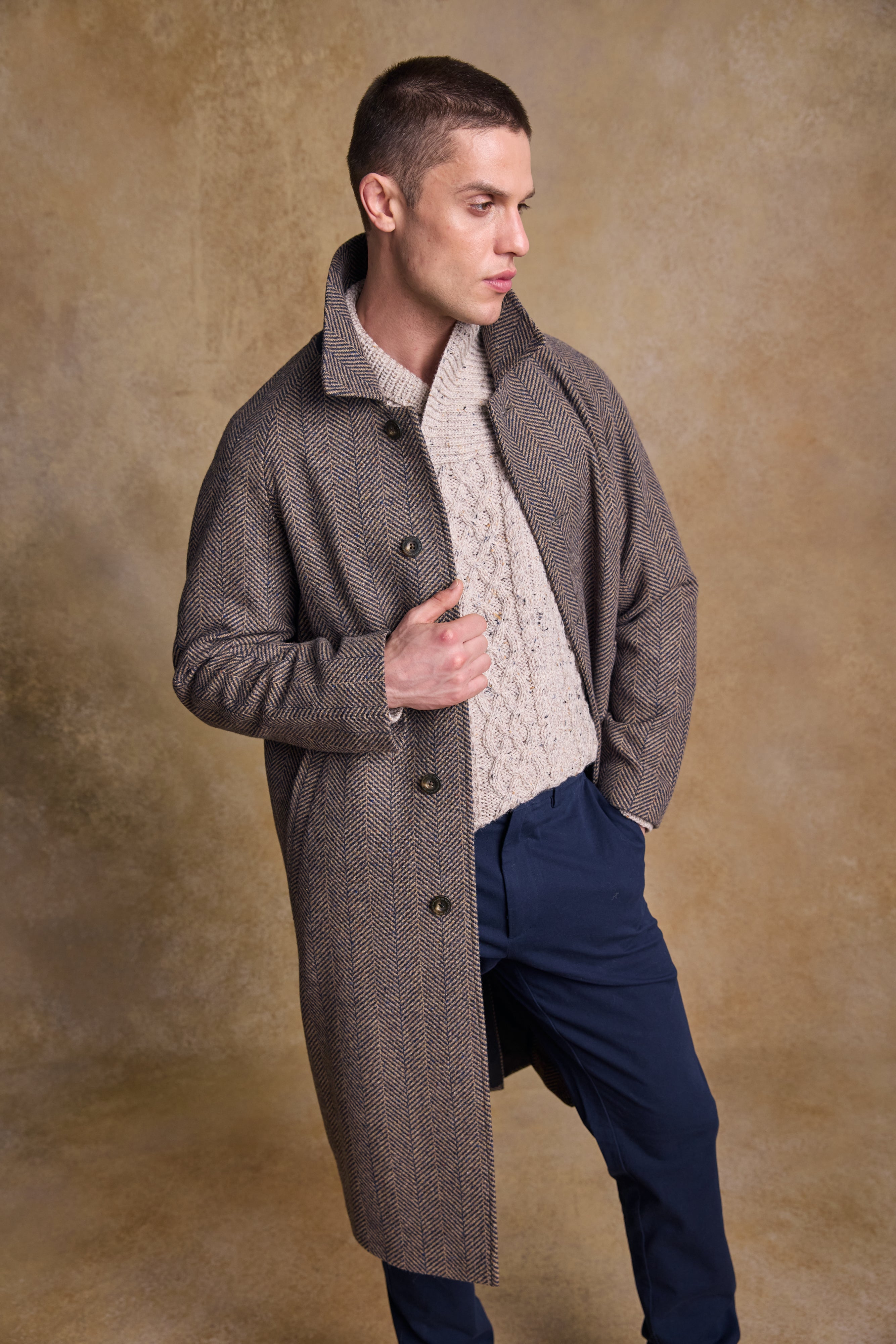 Owen Tweed Coat - Olivgrünes breites Fischgrätenmuster