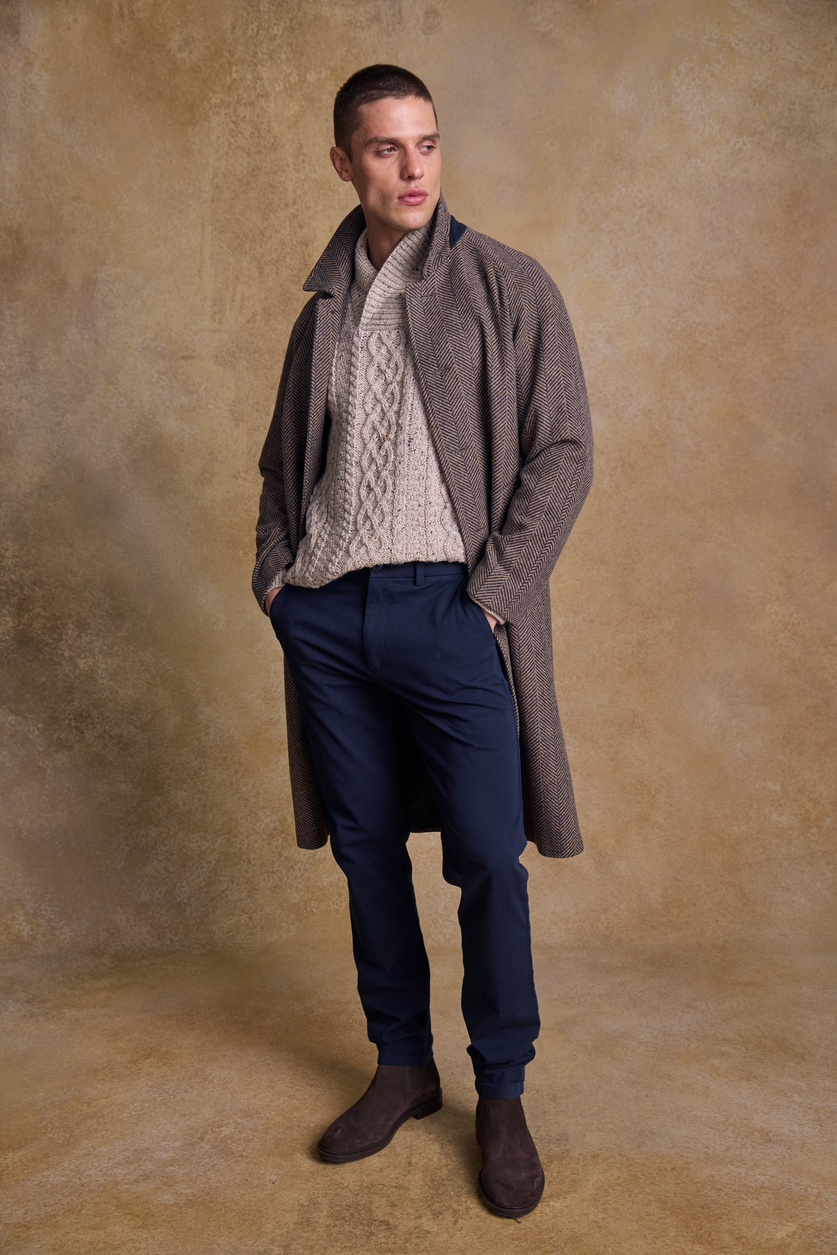 Owen Tweed Coat - Olivgrünes breites Fischgrätenmuster