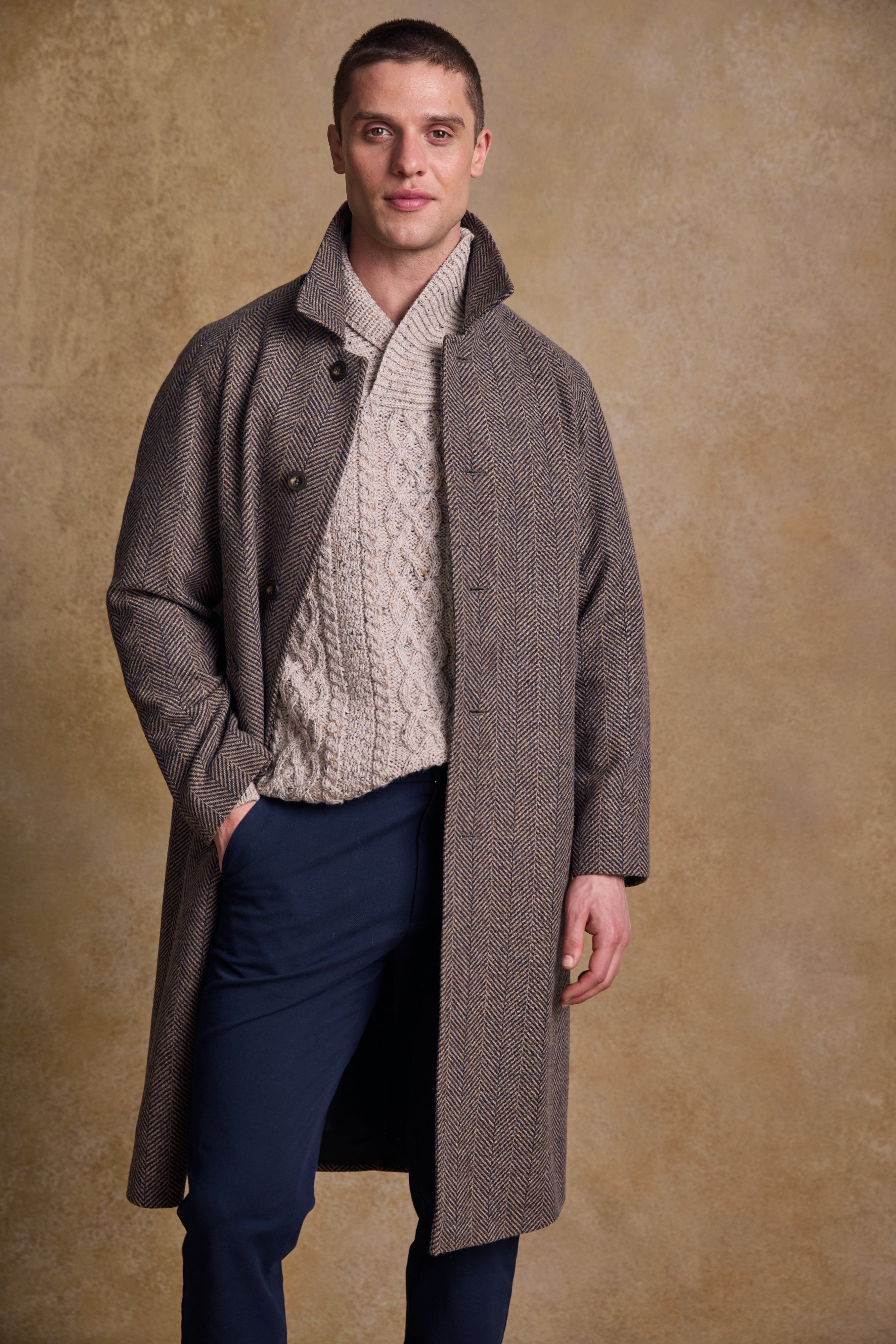Owen Tweed Coat - Olivgrünes breites Fischgrätenmuster