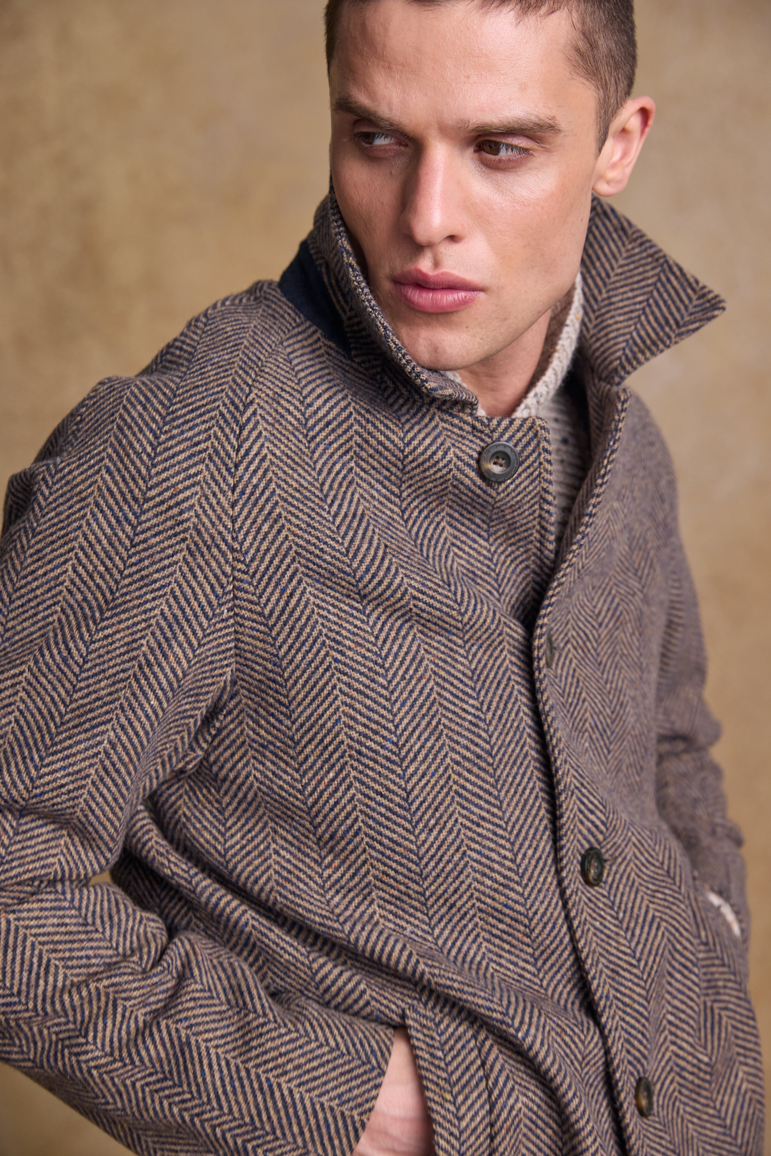 Owen Tweed Coat - Olivgrünes breites Fischgrätenmuster