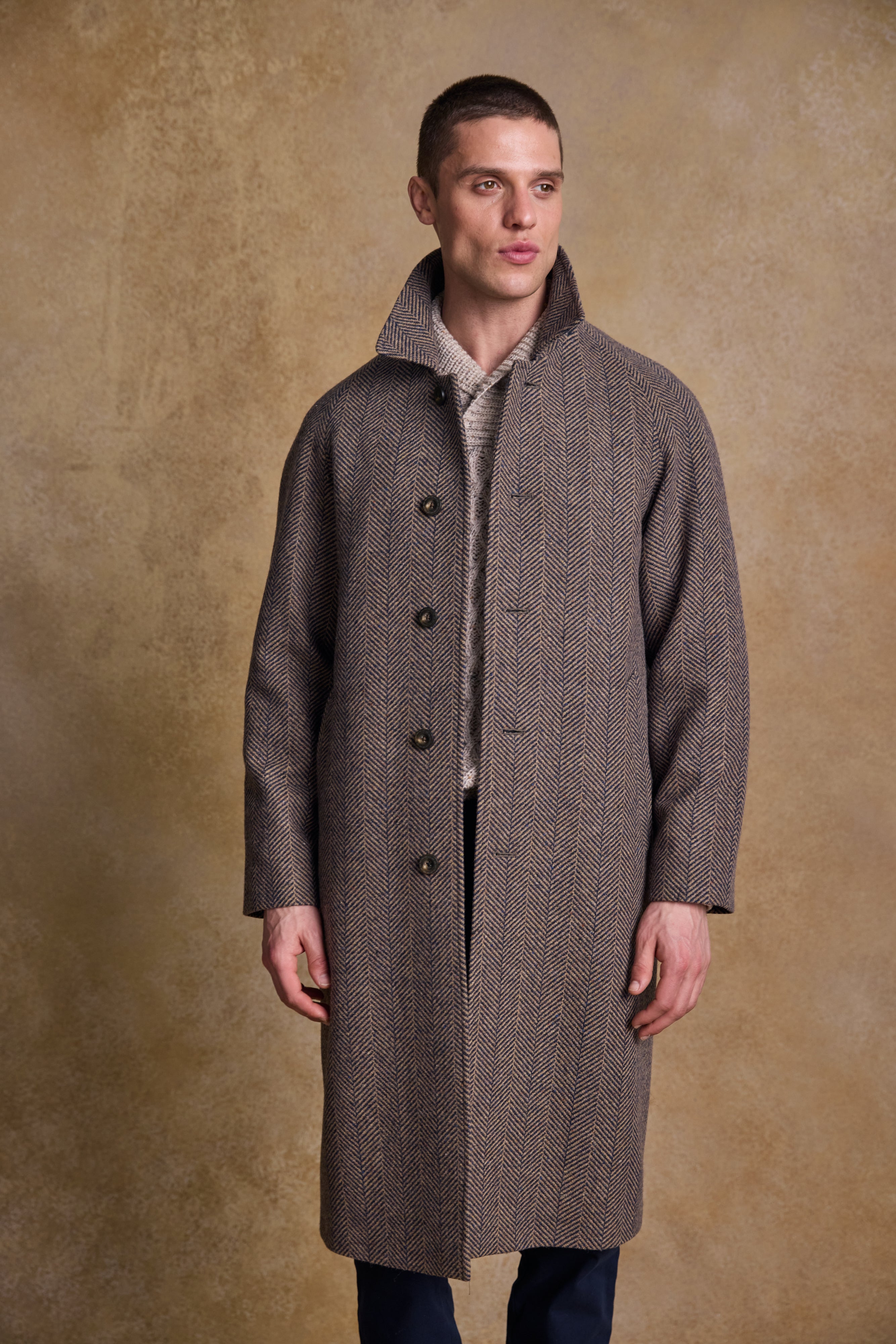 Owen Tweed Coat - Olivgrünes breites Fischgrätenmuster