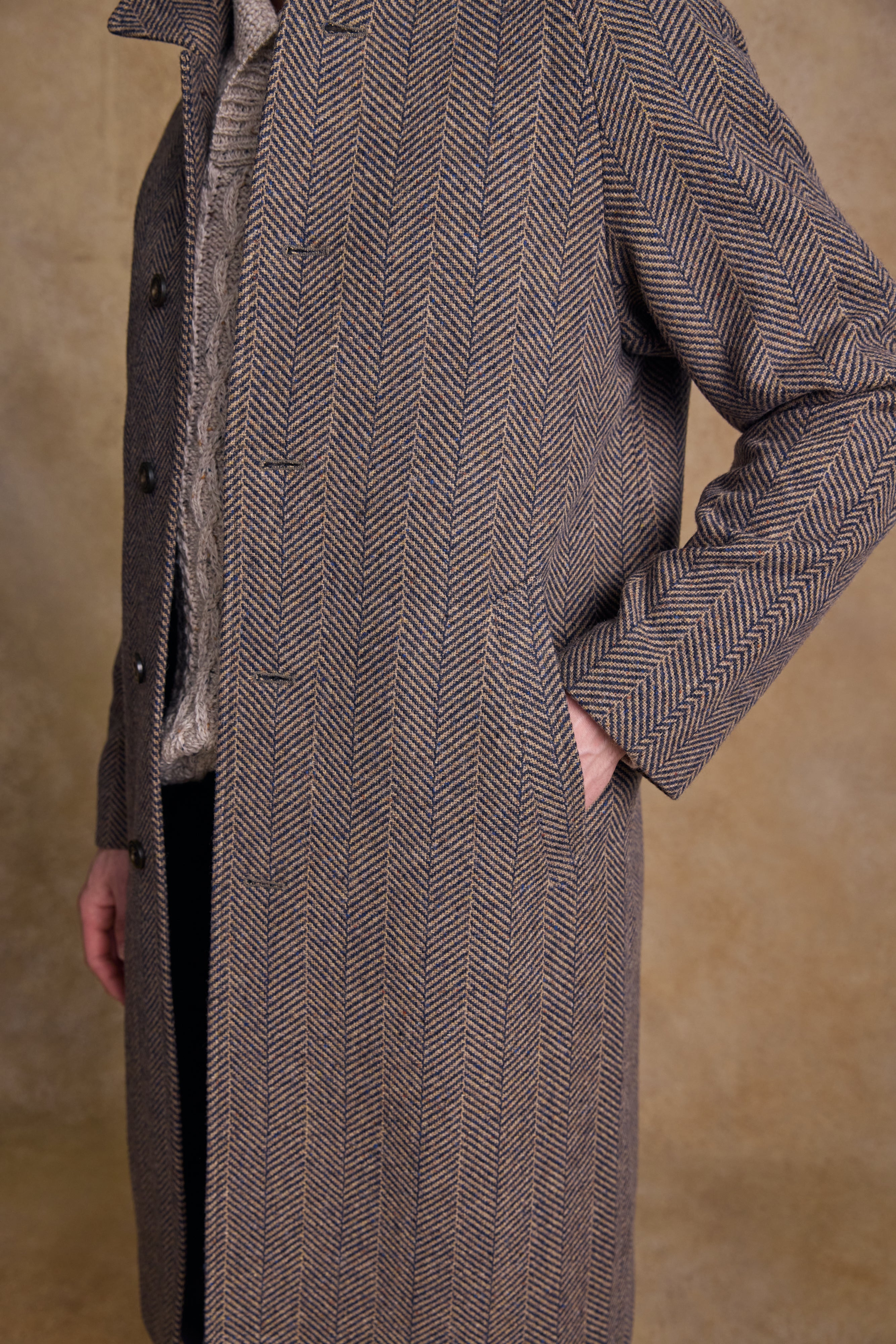 Owen Tweed Coat - Olivgrünes breites Fischgrätenmuster