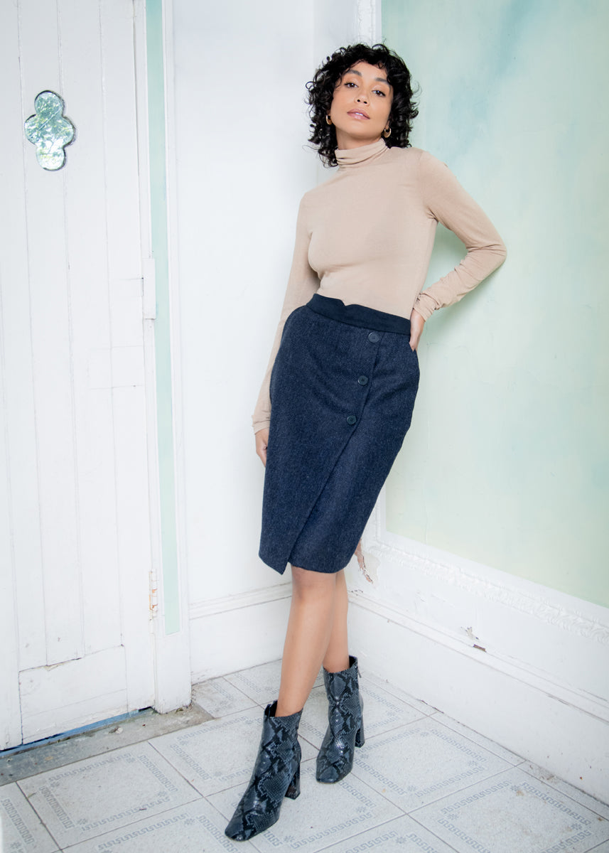 Emma Tweed Skirt - Navy Herringbone