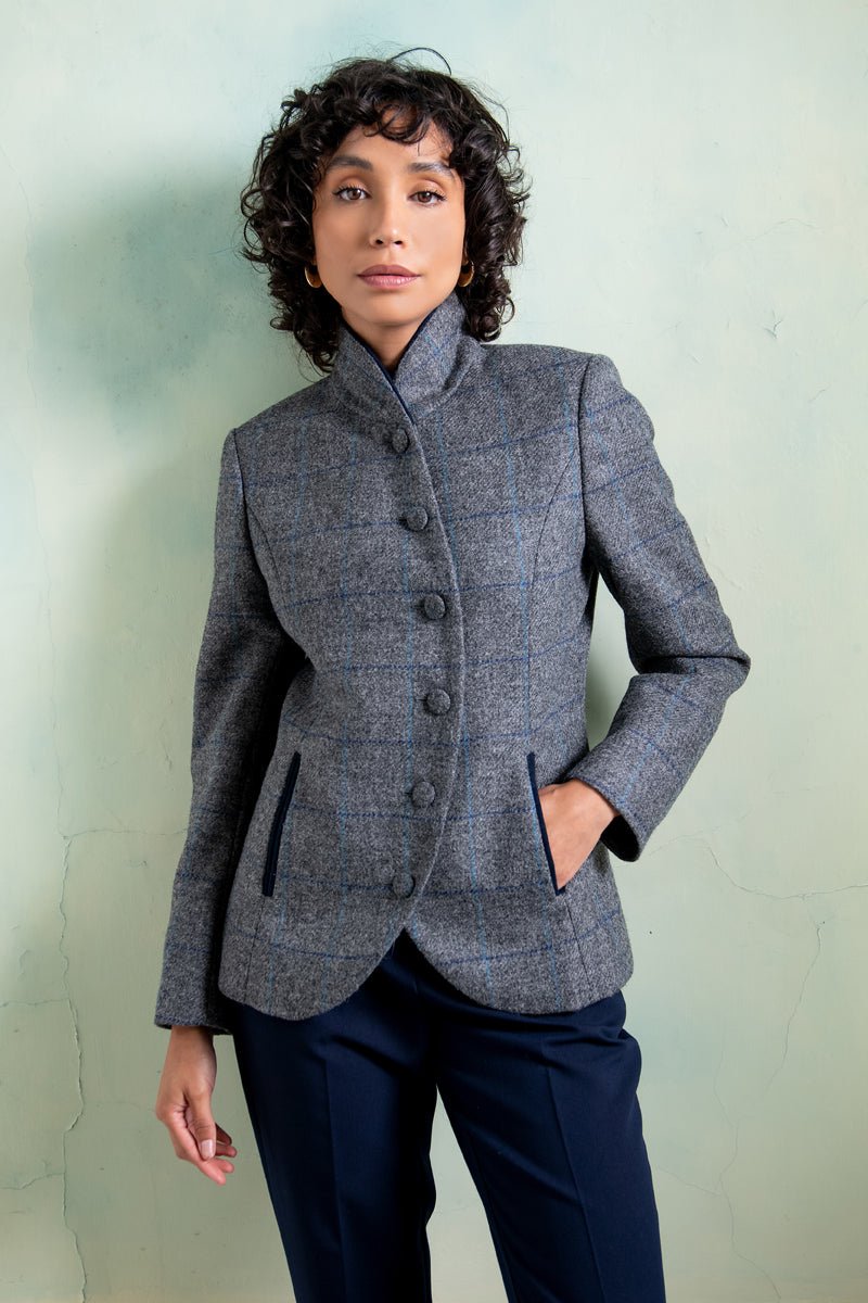 Nicole Asymmetric Tweed Blazer Grey Check: Tailored Elegance