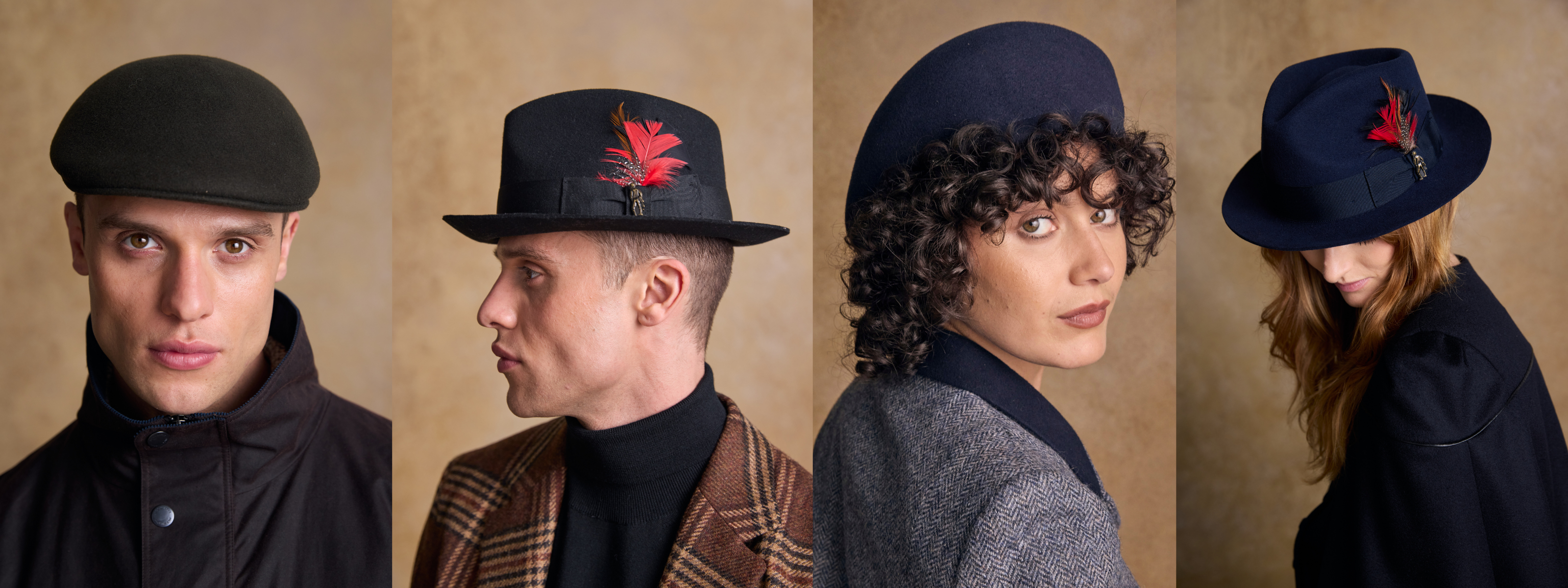 A collection of four images showcasing a male model and two female models all wearing wool felt hats with feathers and tweed coats on