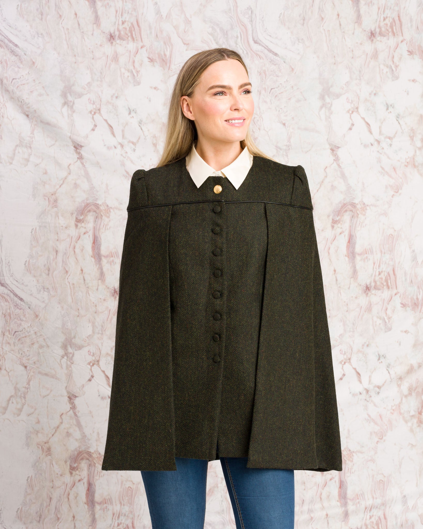 Aisling II Tailored Cape - Deep Green Herringbone