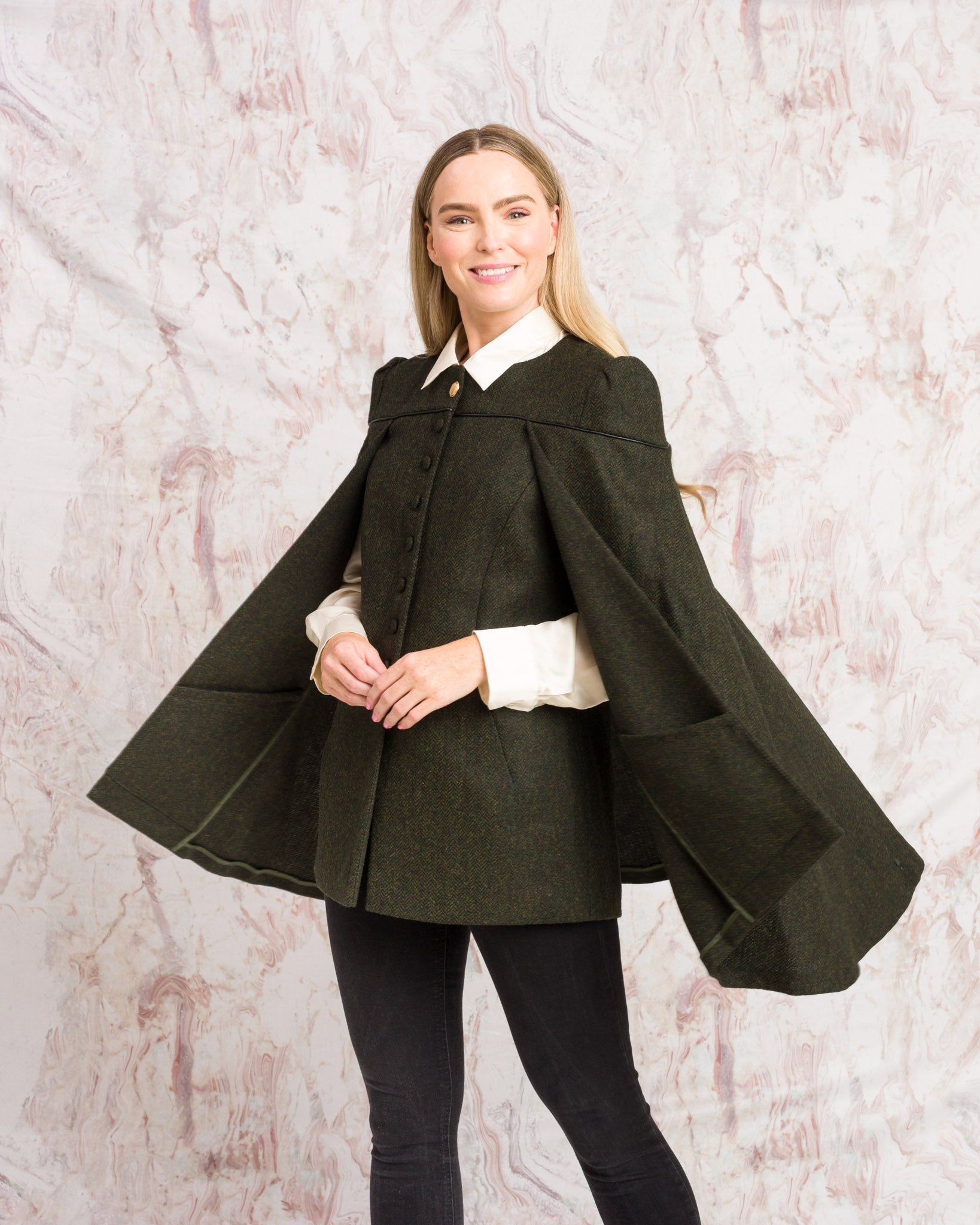 Aisling II Tailored Cape - Deep Green Herringbone