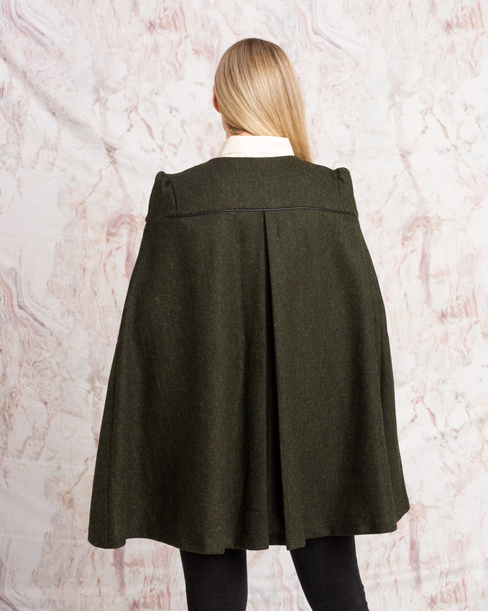 Aisling II Tailored Cape - Deep Green Herringbone