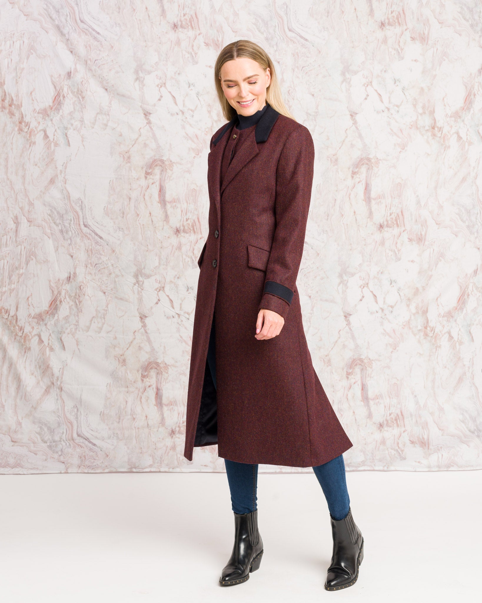 Fran Tweed Coat - Berry Herringbone - Jack Murphy Ireland