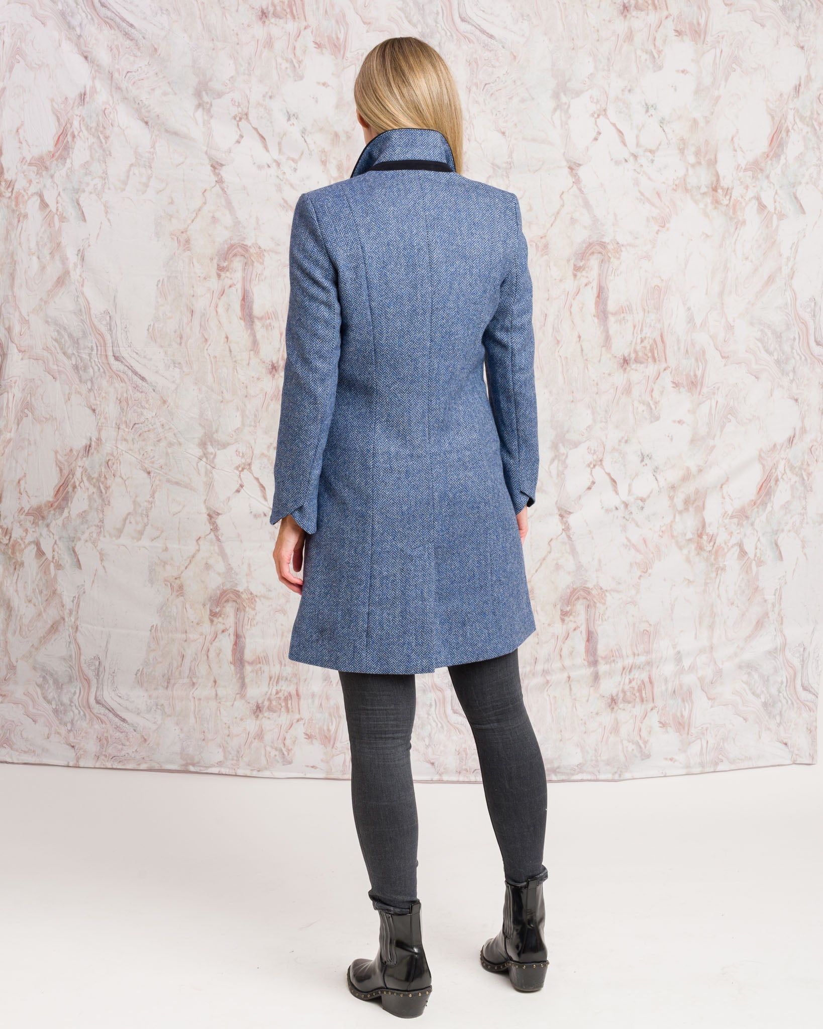 Isabella Tweed Coat - Light Blue Herringbone - Jack Murphy Ireland