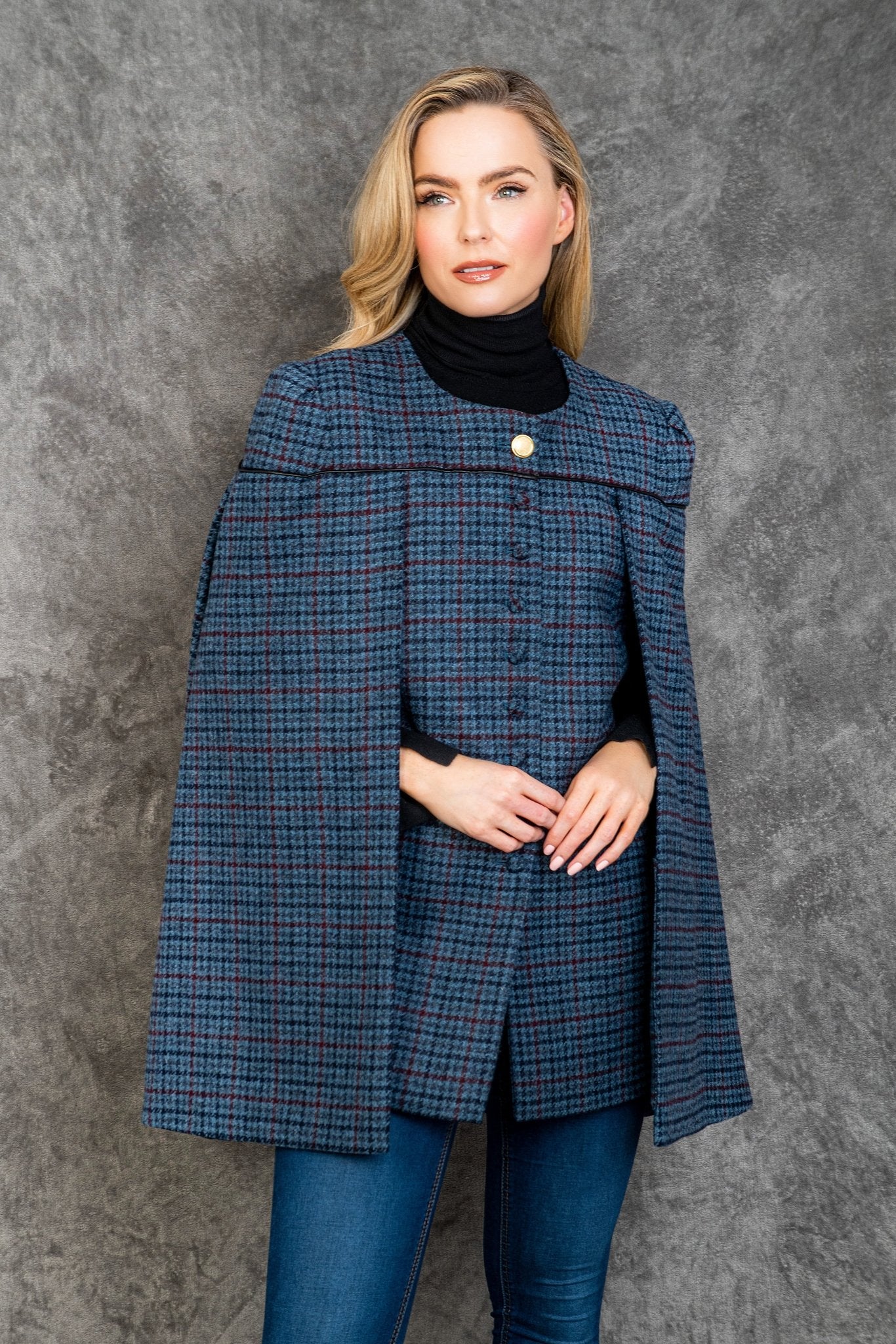 Jack Murphy Ireland - Aisling II Tailored Cape - Navy Hacking Check - Tweed