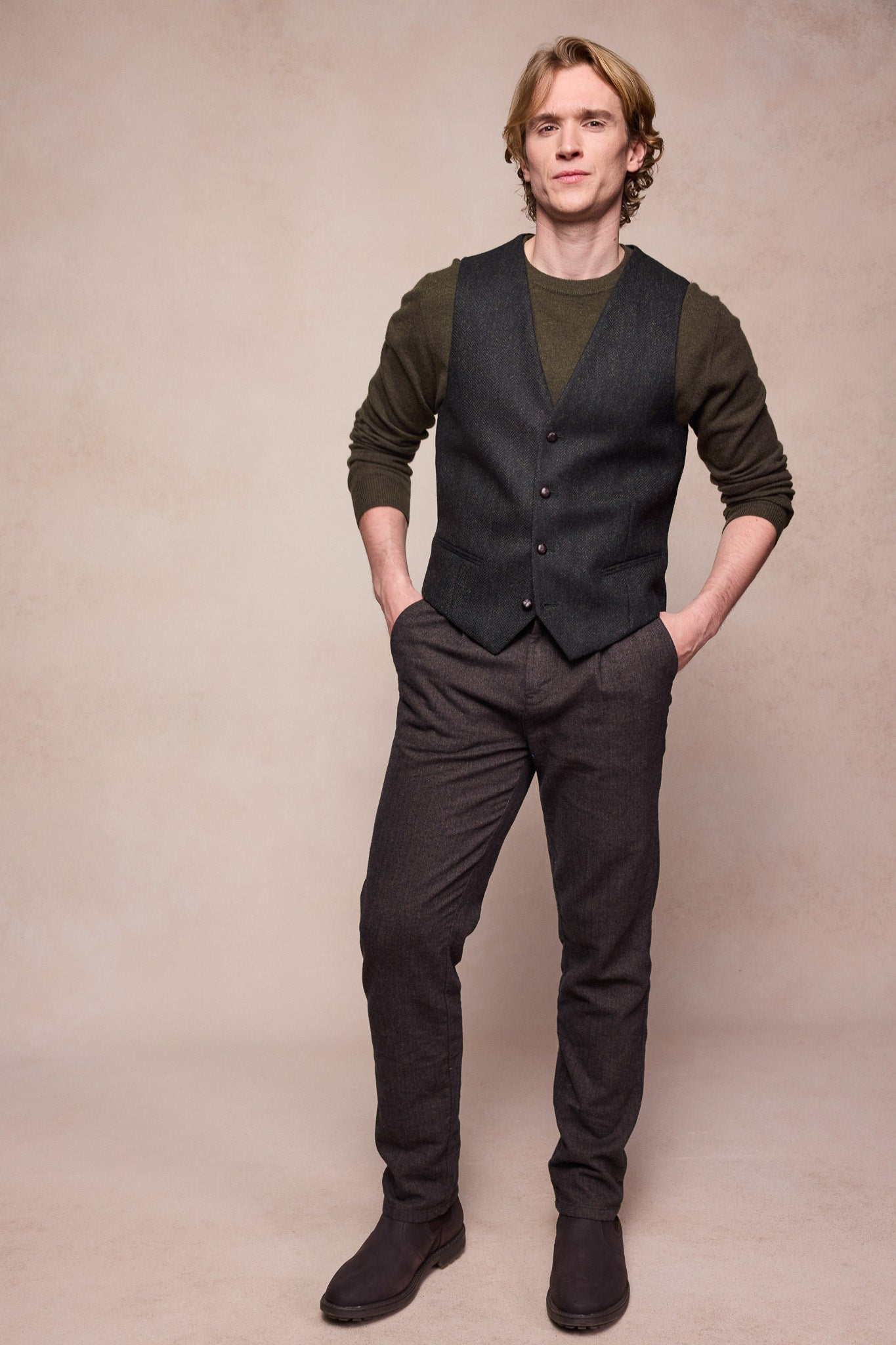 Dara Tweed Waistcoat - Green Herringbone