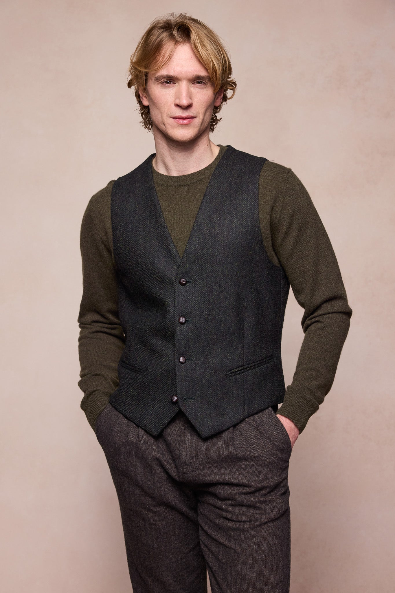 Dara Tweed Waistcoat - Green Herringbone